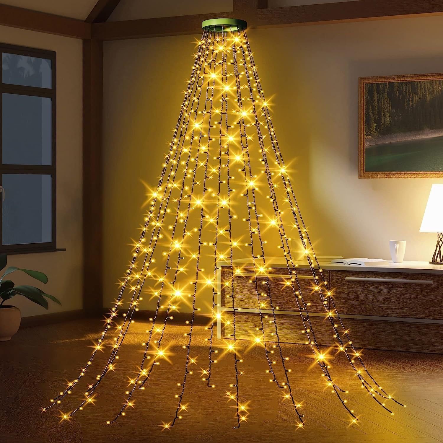 6.5Ft Christmas Decoration Outdoor Star String Lights Waterfall,Christmas Tree 280Lights for Christmas New Year Holiday Birthday (Warm Light)