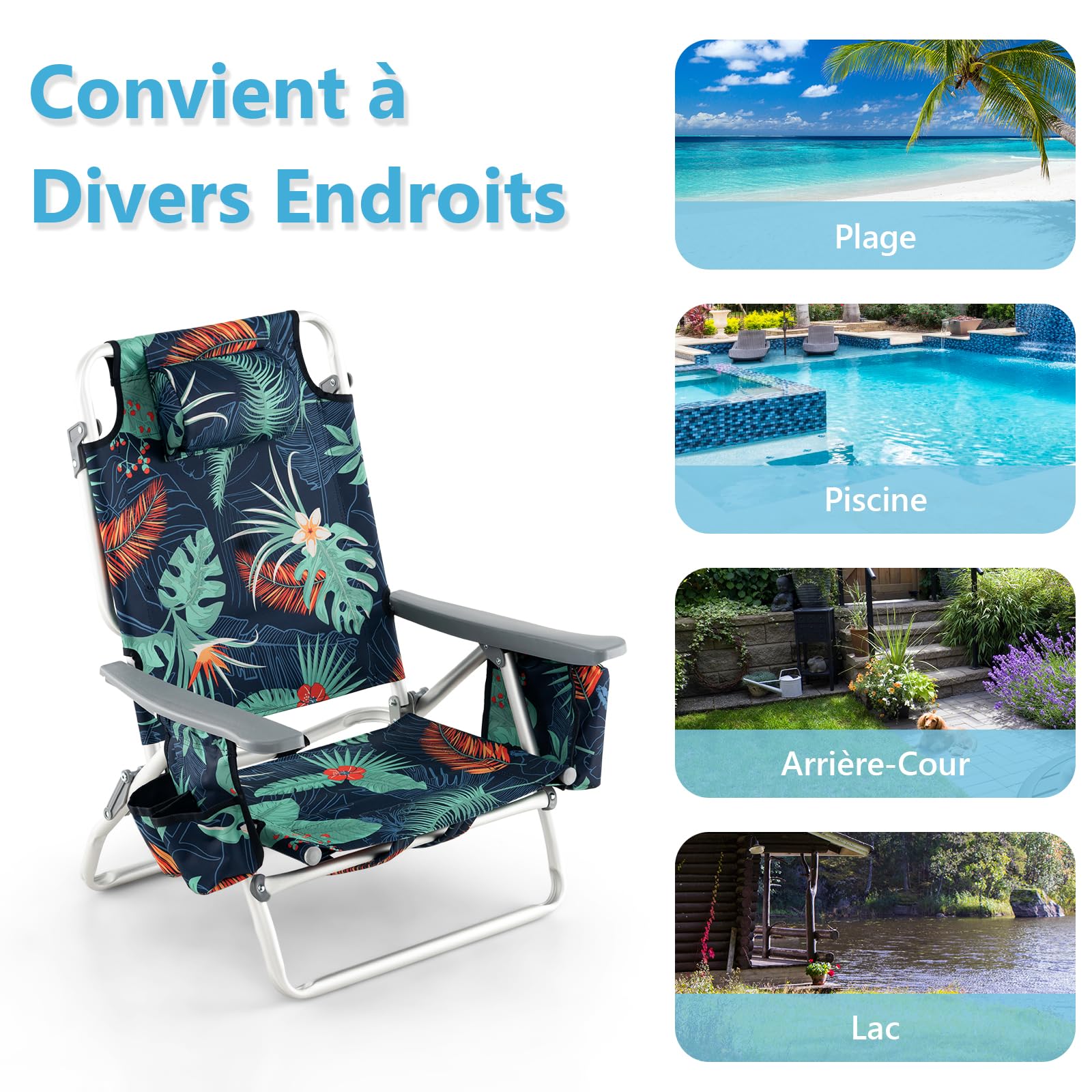 COSTWAY Lot de 2 Chaises de Plage Pliante avec Table Enroulable en Aluminium, Fauteuil de Jardin Inclinables à 5 Positions Charge Max 136 KG, pour Randonnée Plage Pêche (Floral)