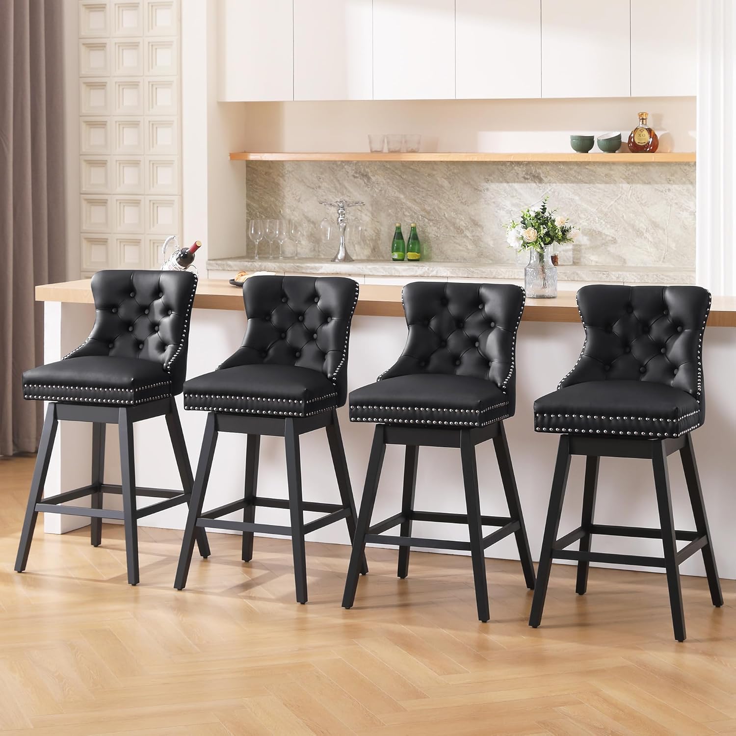 Counter Height Bar Stools, Faux Leather 360 Swivel Bar Stools with Back, Upholstered Tufted Counter Height Chairs, Solid Wood Legs, (Black, 26" H Seat, Set of 4)
