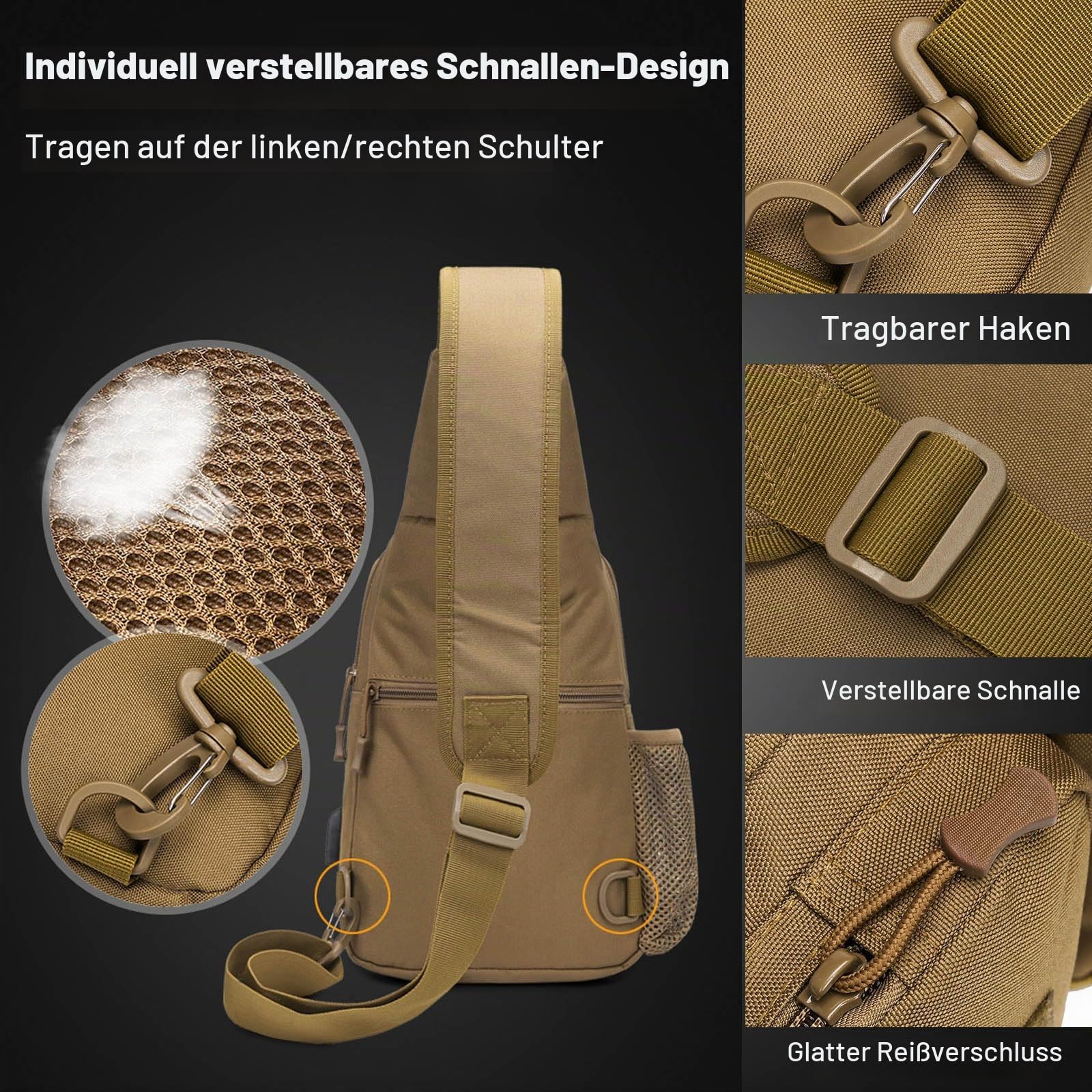 FANDARE Taktisch Brusttasche Military Schultertasche Sling Bag Herren Damen Umhängetaschen mit USB-Ladeanschluss Schultertasche Crossover Rucksack für Reisen Wandern Crossbody Pack Schwarz Camo
