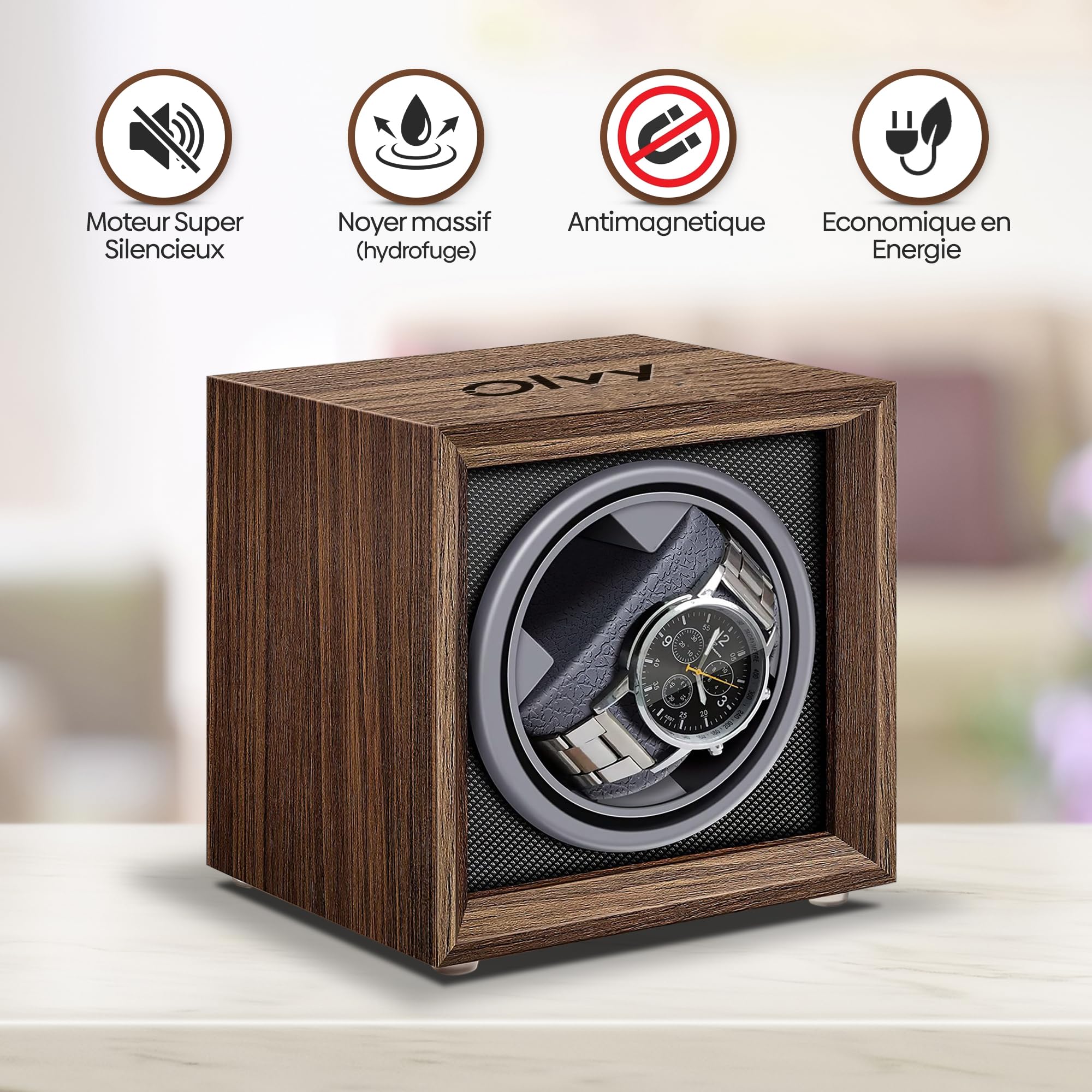 Olvy Remontoir Montre Automatique, Boîte de Remontoir de Montre, Watch Winder, Moteur Extrêmement Silencieux, Coussin de Montre Flexible