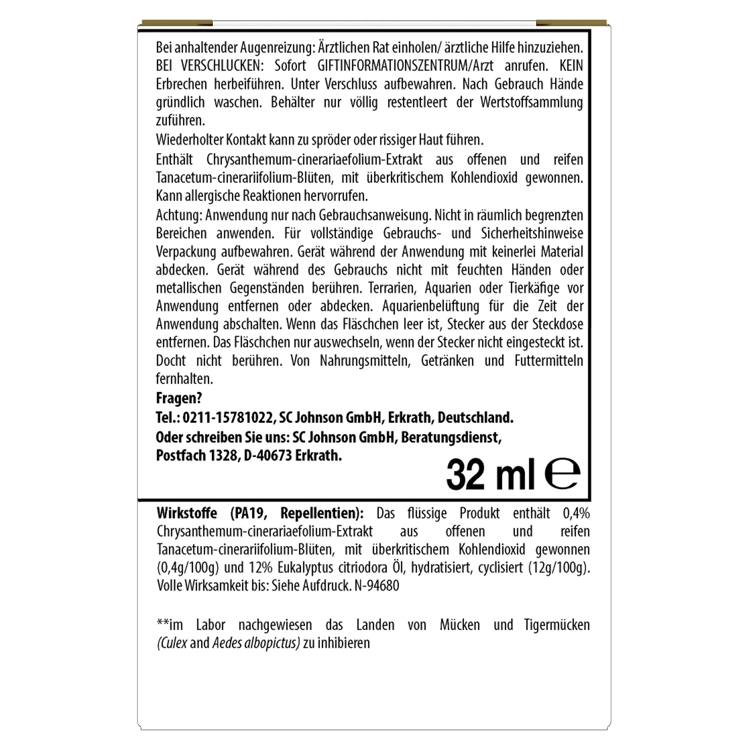 Raid Essentials wtyczka na komary 45 nocy, elektryczna ochrona przed komarami i komarami tygrysimi, 1 opakowanie (1 x 32 ml), tabletka