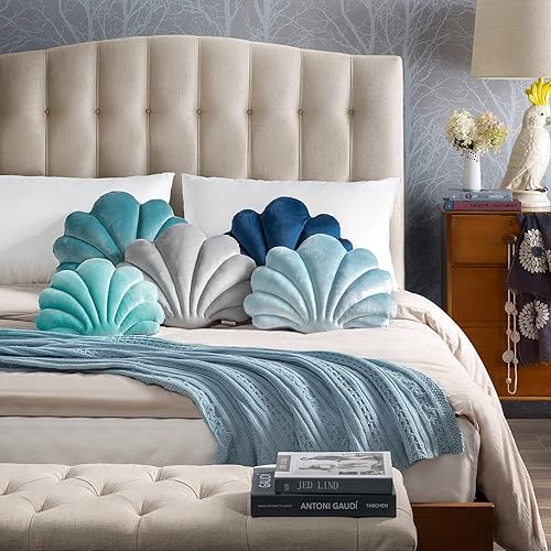 Miniatura 2 de Ashler - Almohadas 3D con forma de concha, cojín de terciopelo suave incluido para sofá, cama, sala de estar, paquete de 1, azul marino, 18 x 13