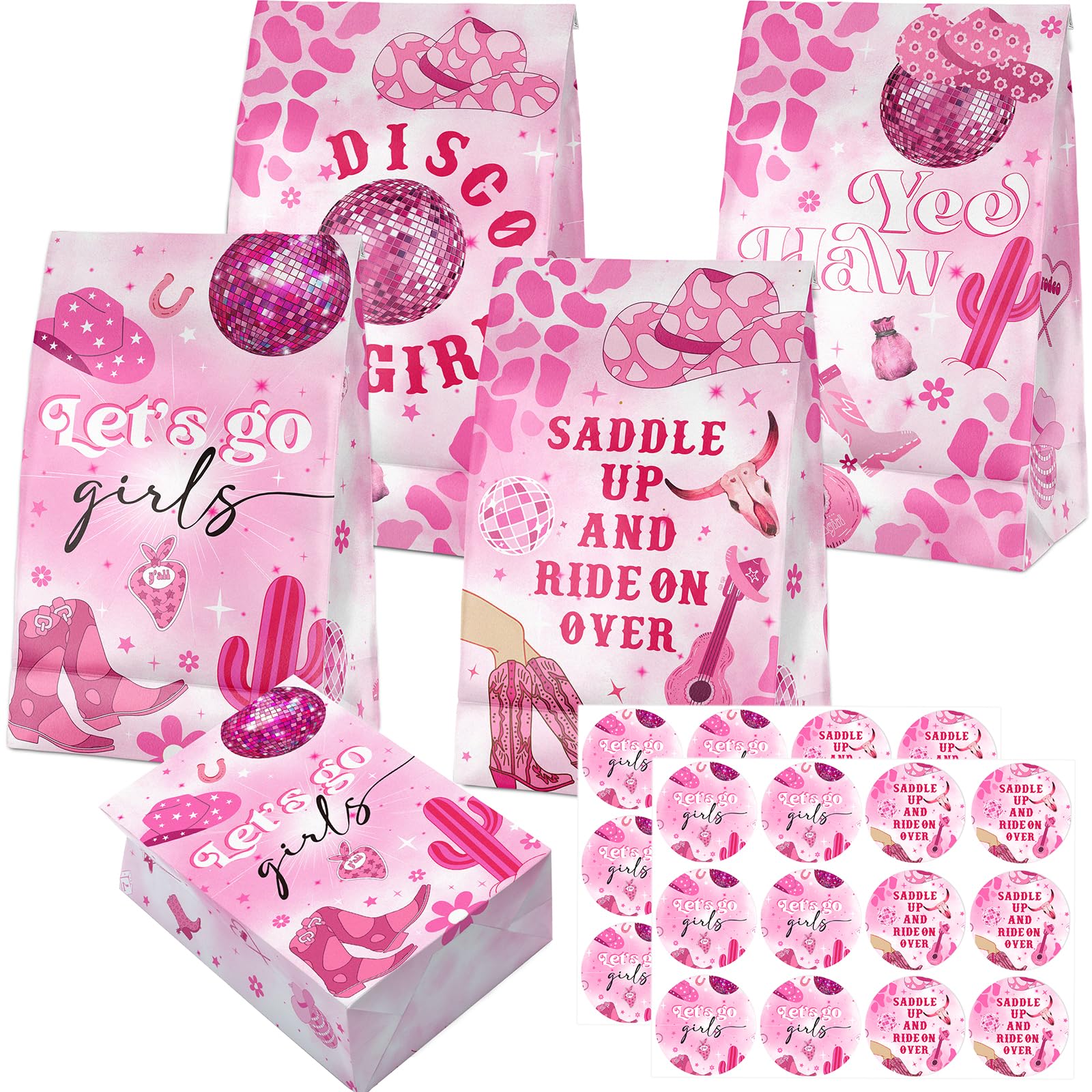 SamPartyShop 24 Pcs Pink Cowgirl Goodie Bags with Stickers - Rodeo Themed Birthday Party Favor Bags, Perfect for Kids' Western Party Supplies and Treat Bags