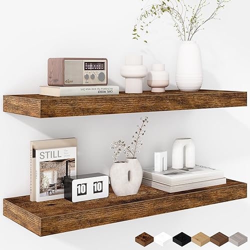 Miniatura 46 de Fun Memories Estantes flotantes de 16 pulgadas – Estantes de pared de madera de color blanco rústico profundo – Estante de almacenamiento para pared