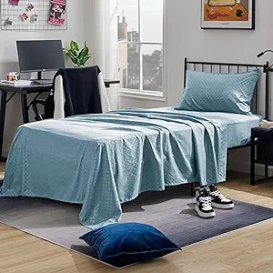 SLEEP ZONE Luxury Embossed Twin Bed Sheets Set for Kids, Four-Leaf Clover Pattern Sheet & Pillowcase Sets 3 Piece - Super Soft, Wrinkle Free, Fade Resistant, Deep Pocket 16" (Flint Blue, Twin)