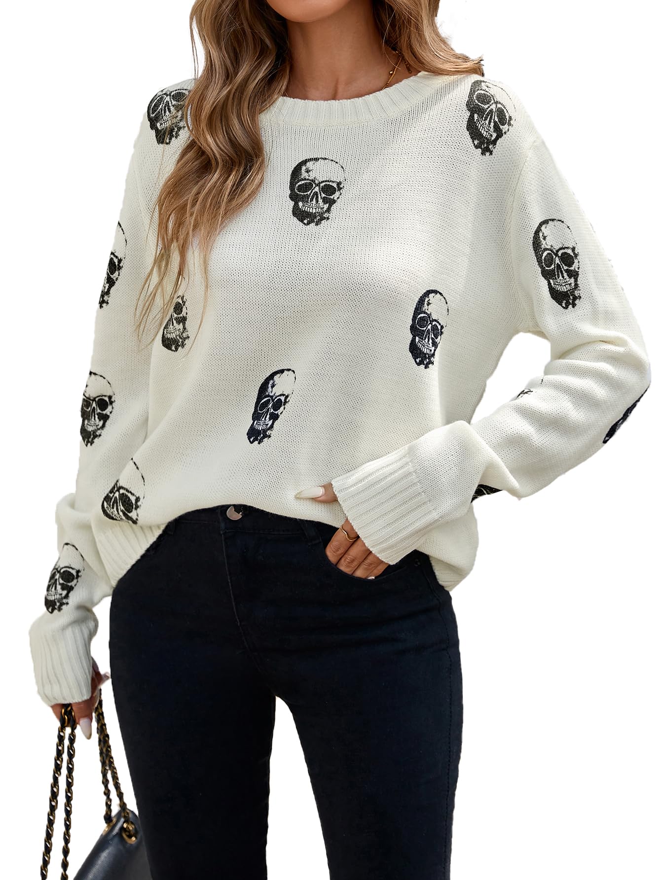 Womens Oversized Crew Neck Ribbed Knit Sweater Winter 2025 Trendy Long Sleeve Halloween Skull Sweaters