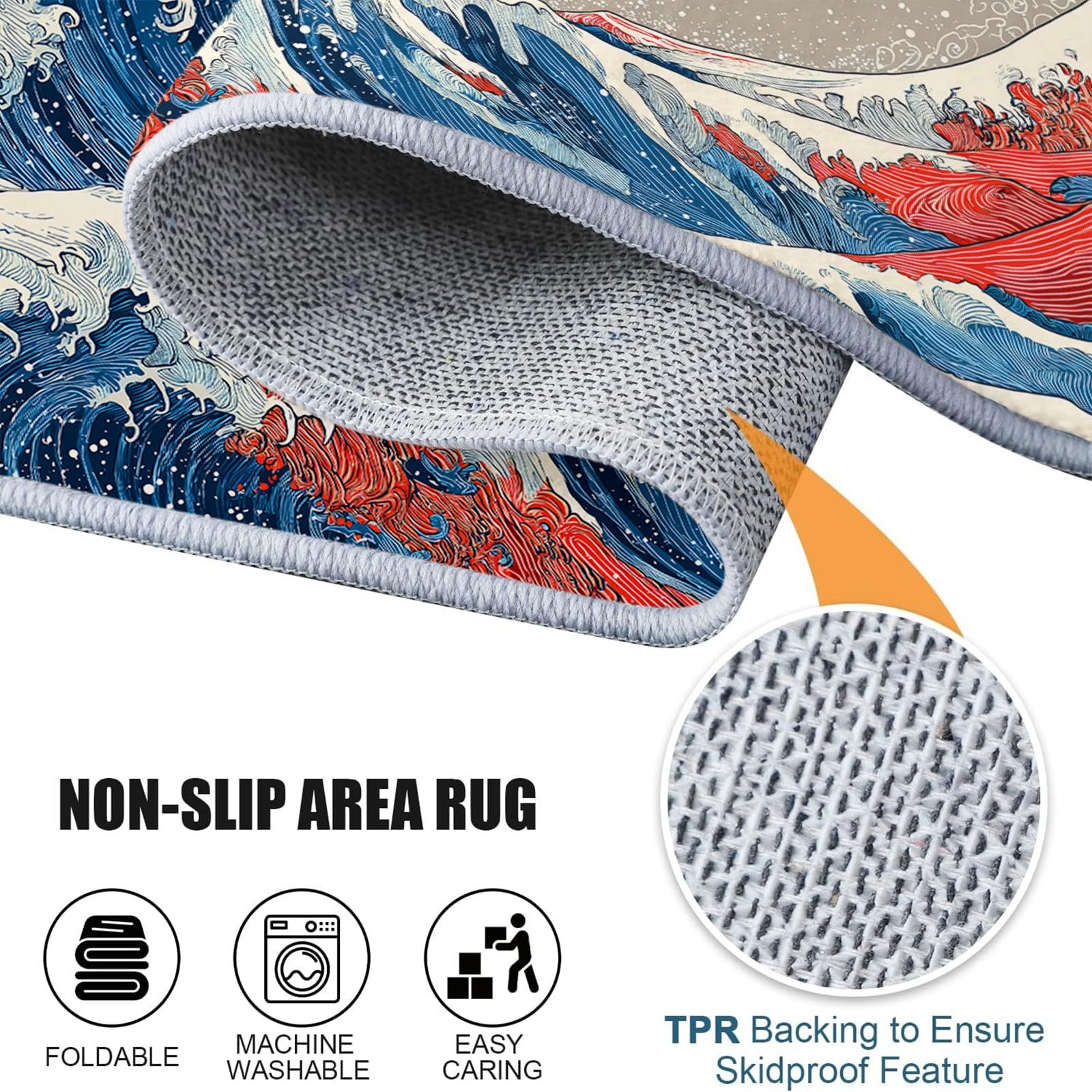Générique Rond Tapis Japonais pour Salon, Salle à Manger, Chambre à Coucher, Tapis Rond à Poil Court Océan Vagues Soleil Antidérapant Fluffy 100 cm