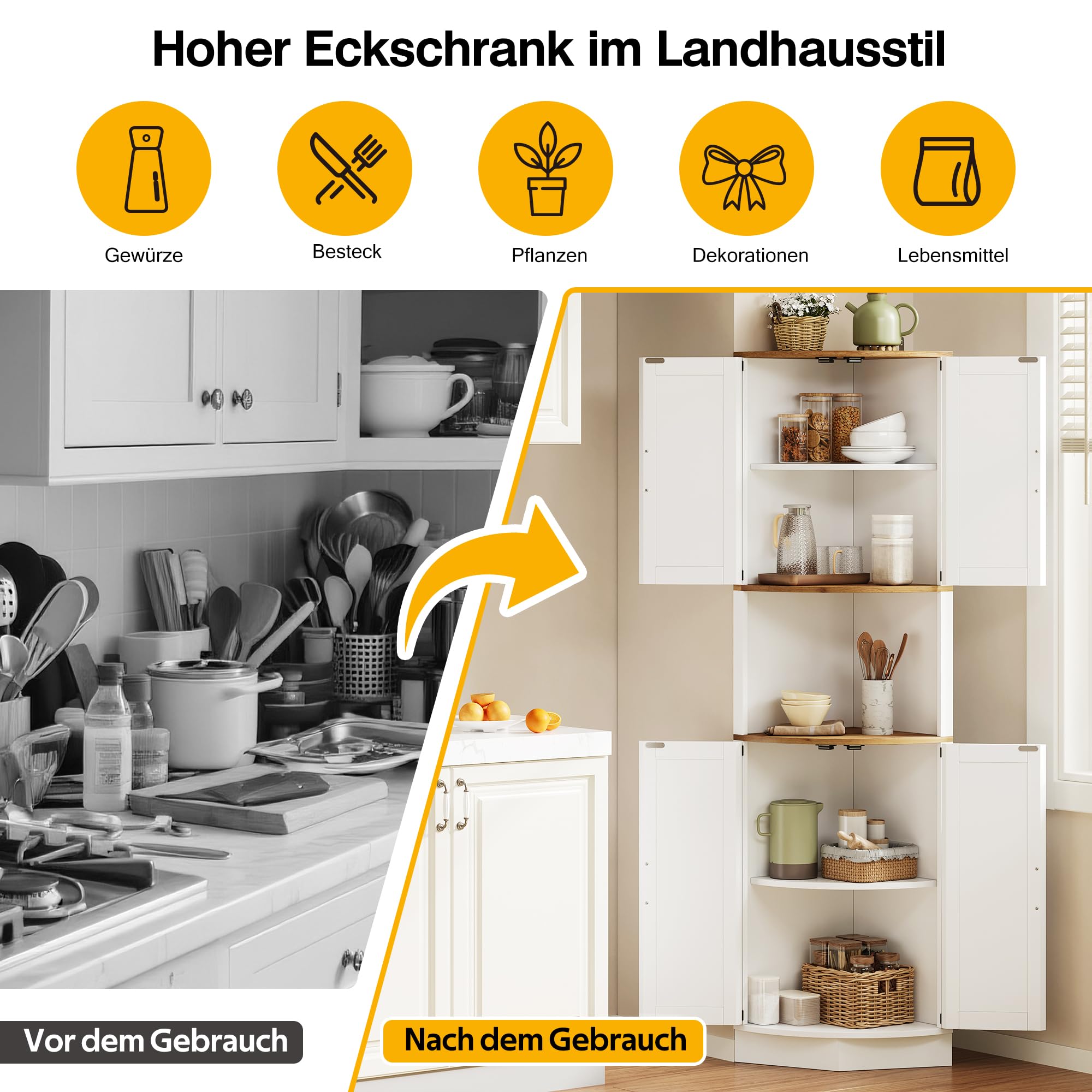 Merax Eckschrank, 180cm Küchenschrank Hoch, Eckregal mit 4 Türen und 5 Ablageflächen, Badezimmerschrank Schmal, Aufbewahrungsschrank Holz, Hochschrank für Küche, Wohnzimmer, Esszimmer, Weiß