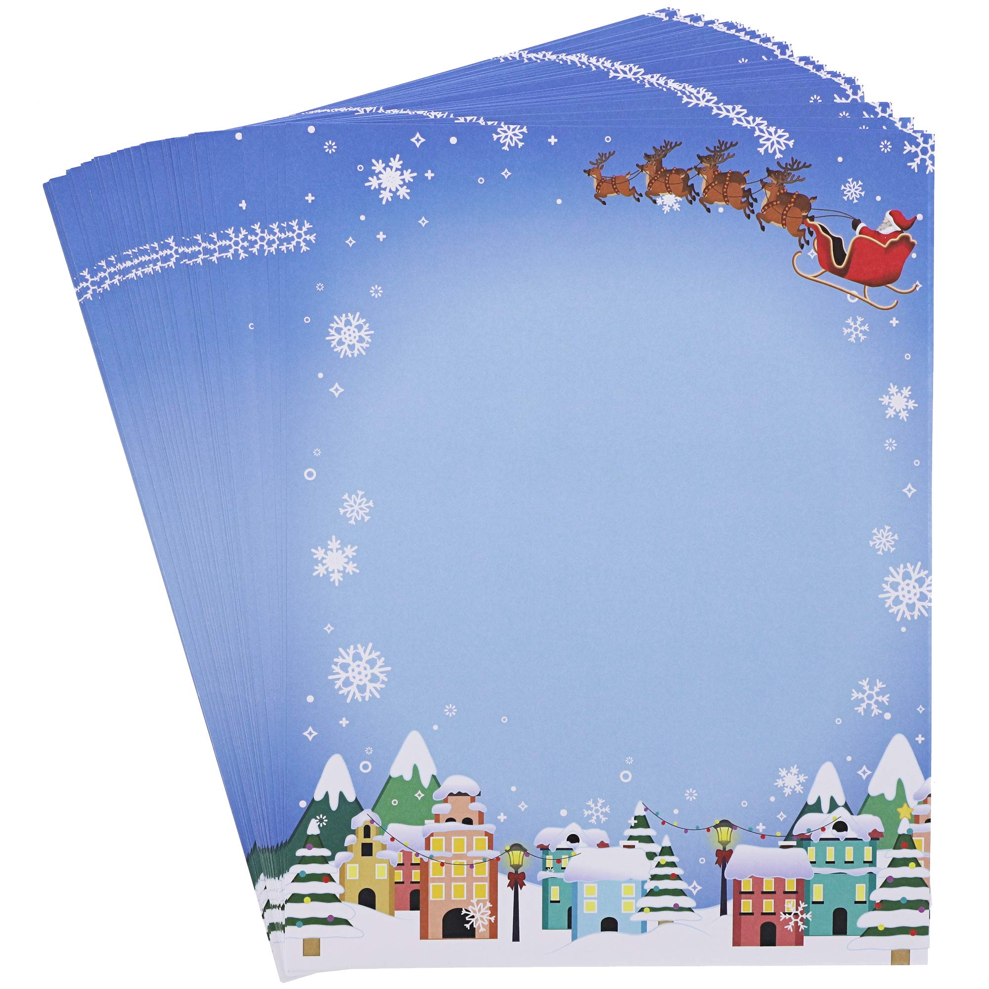 Pipilo Press Holiday Letter Sheets - 8.5 x 11 In, Blue, 96 Sheets, Santa in Sleigh - Decorative Printer Paper - Writing Paper