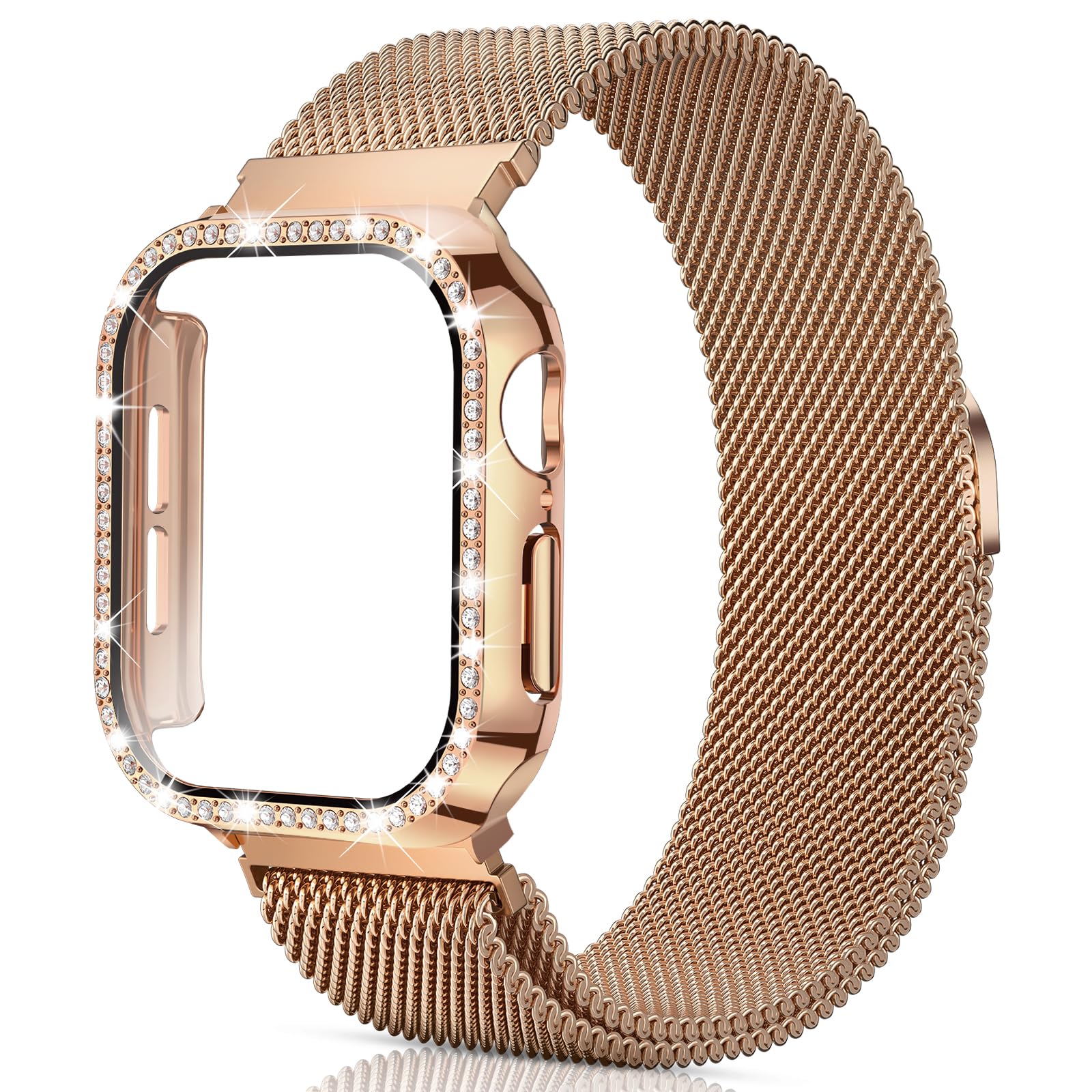 Mesh Loop with Bling Case Compatible with Apple Watch Band 38mm 40mm 41mm 42mm 44mm 45mm 46mm, Stainless Steel Metal Strap with Cover for iWatch