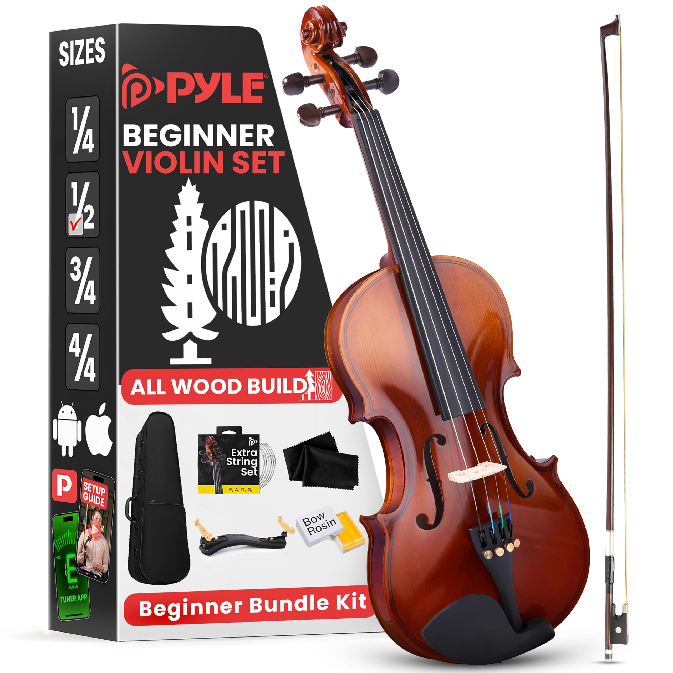 Pyle Kit de Démarrage pour Violon Débutant Taille1/2, Violon Enfant/Adulte,Ensemble de Départ avec Étui de Transport, Cordes de Rechange, Accordeur Numérique, Repose-Épaule et Chiffon de Nettoyage