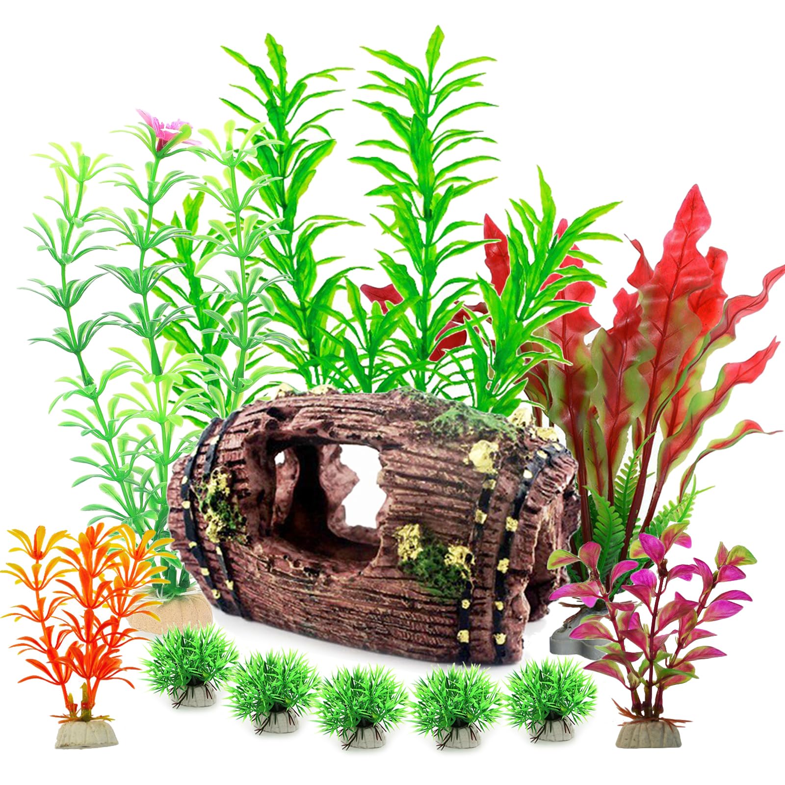 FUNOJOY Broken Barrel Fish Tank Decor - 7-11pcs Artificial Plants Aquarium Accessories Fish Tank Ornaments for Betta Fish Cave Hide Tank Decorations