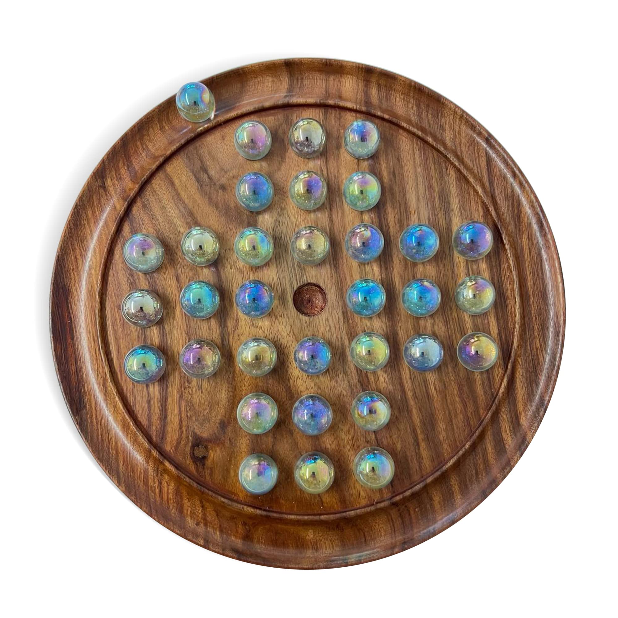 30cm Diameter WOODEN SOLITAIRE BOARD GAME with SOAP BUBBLE CLEAR PEARLESCENT GLASS MARBLES | classic wooden solitaire game | strategy board game