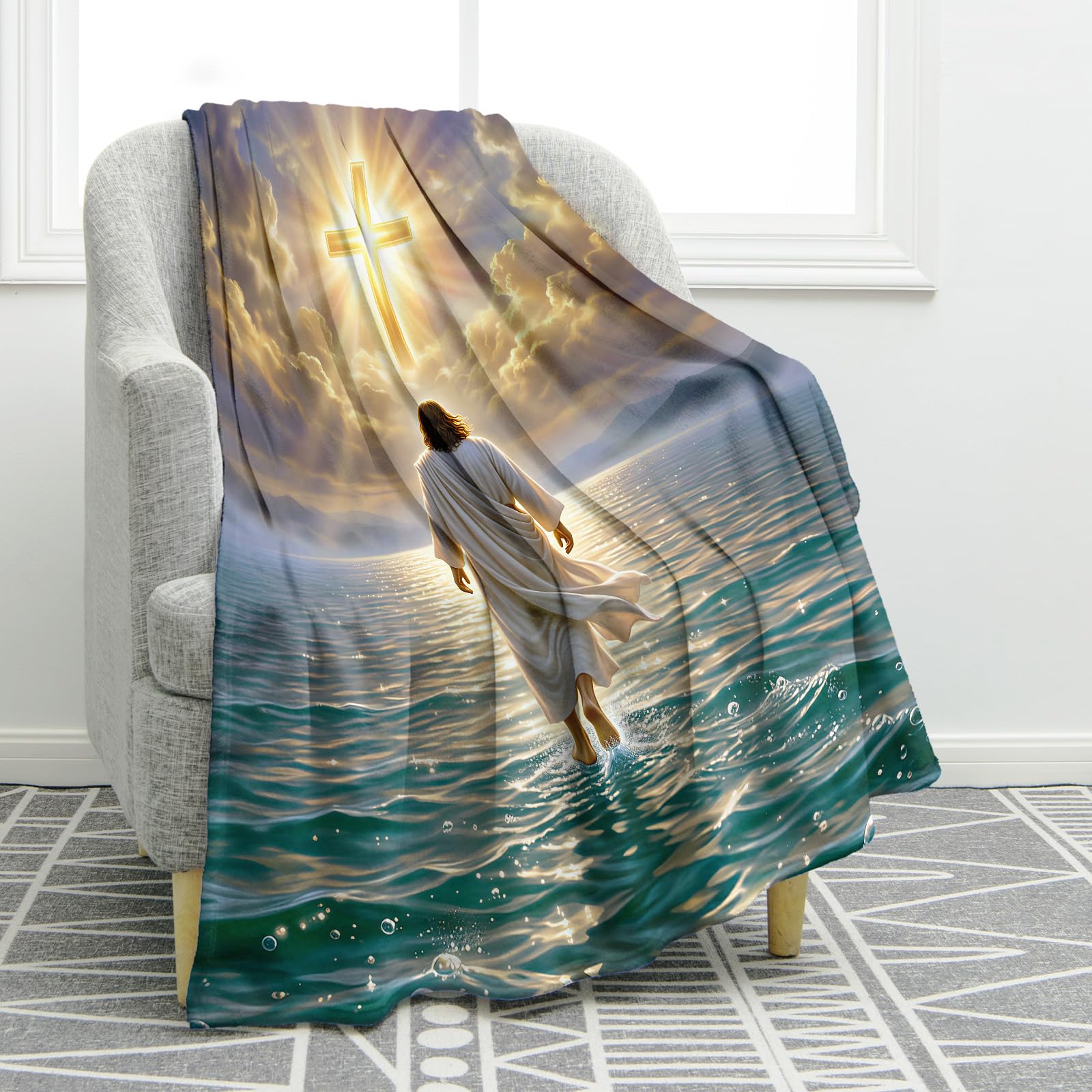 Jekeno Jesus Blanket Soft Flannel Throw Blanket with Christian Cross and Jesus Walking on Water Design for Religious Faith Lovers Birthday Christmas 50"x60"