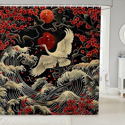 Erosebridal Juego de cortinas de ducha de estilo japonés con grúa para niños, 72 pulgadas de ancho x 72 pulgadas de largo, cortina de ducha japonesa