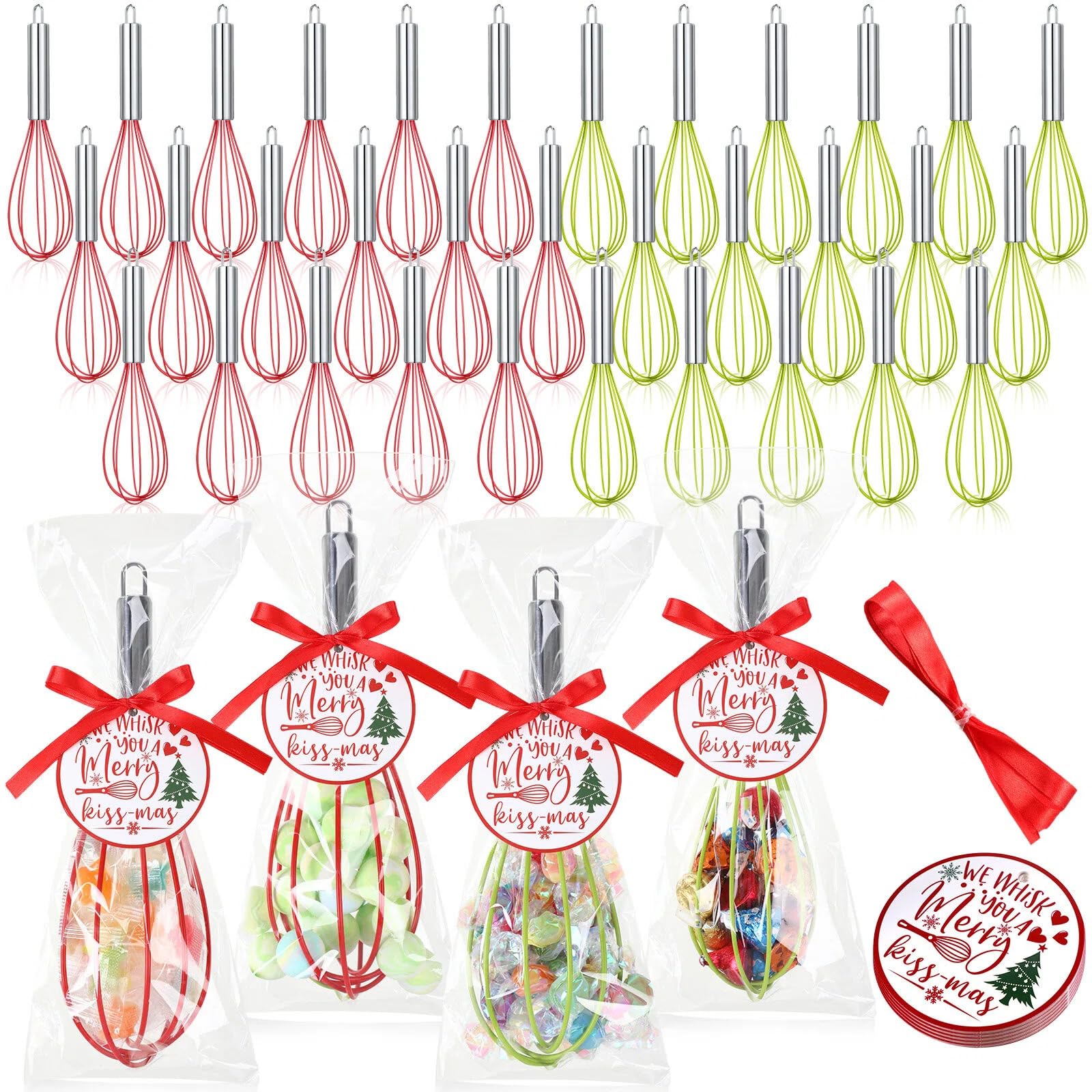 FoldTier 100 Sets 8 Inch Christmas Whisks Gifts DIY Fillable Christmas Tree Ornaments Xmas Colored Silicone Whisks for Cooking Heat Resistant Egg Beaters with Card Rope Bag for Candy Holder