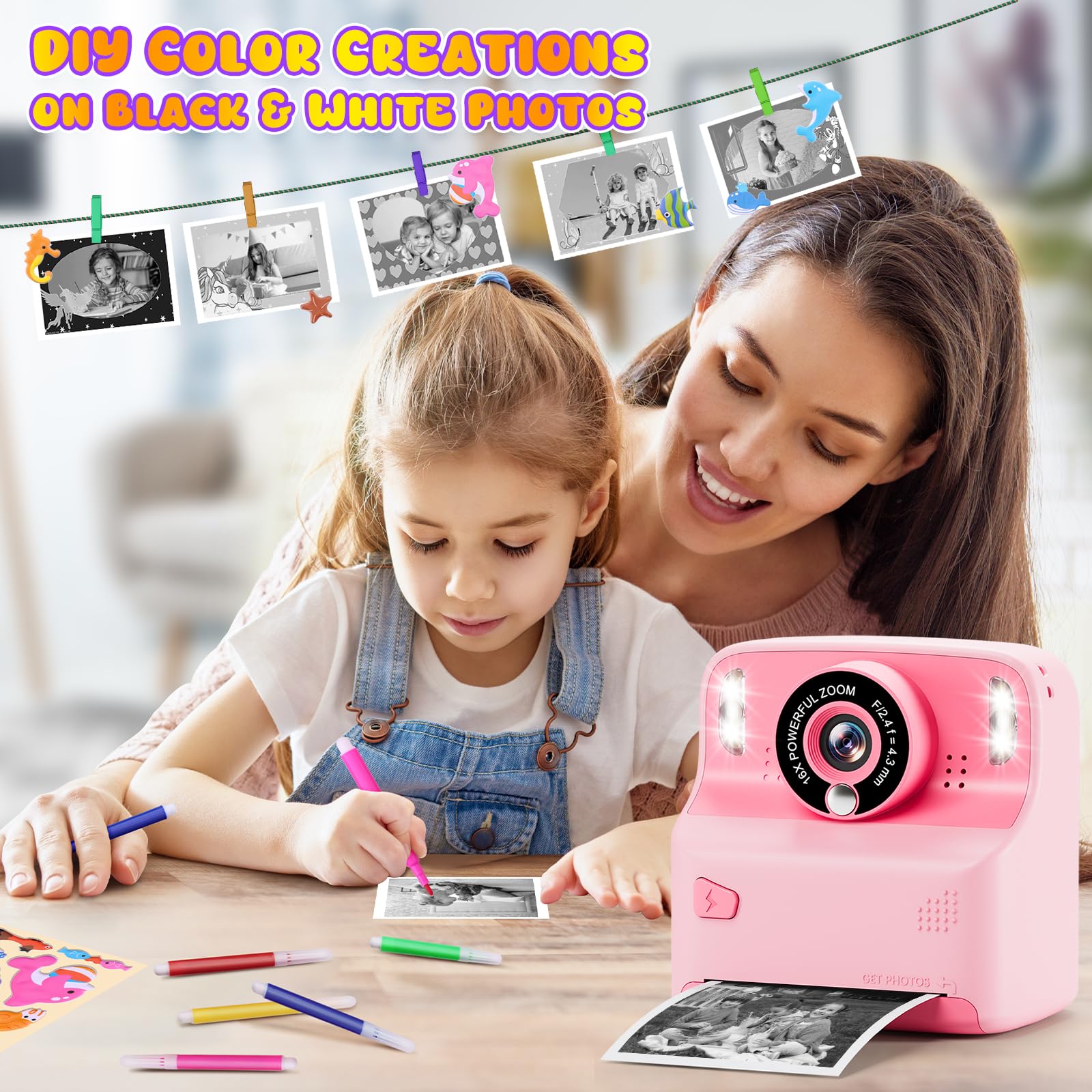Appareil Photo Instantané Enfant, Kaishengyuan 2,4" 1080P Appareil Photo Enfant avec 32GB Carte & Papier d'impression, Stylos Colorés, Cadeau pour Filles Garçons de 3-12 Ans(Rose)