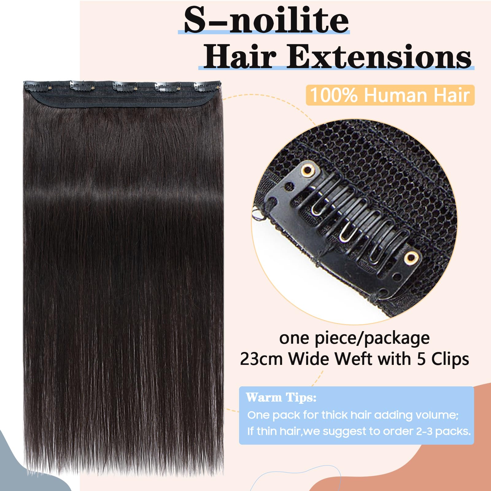 S-noilite Clip-in Human Hair Natural Black One Piece 18 Inch (50g) Hair Extension, #1B, Natural Black, 18 Inch - 1.76 oz - Image 2