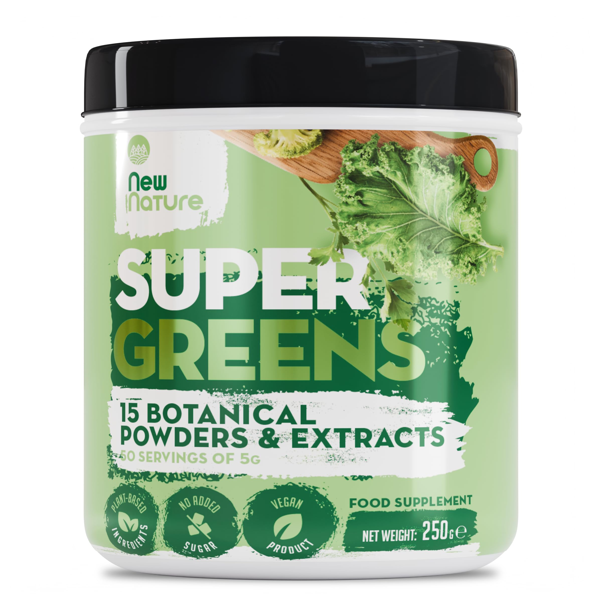 New Nature Super Greens Powder - 15-Ingredient Superfood Blend - Vegan, Sugar-Free, No Additives - Made in Germany - 50 Servings (250g)ClimatePartner certified