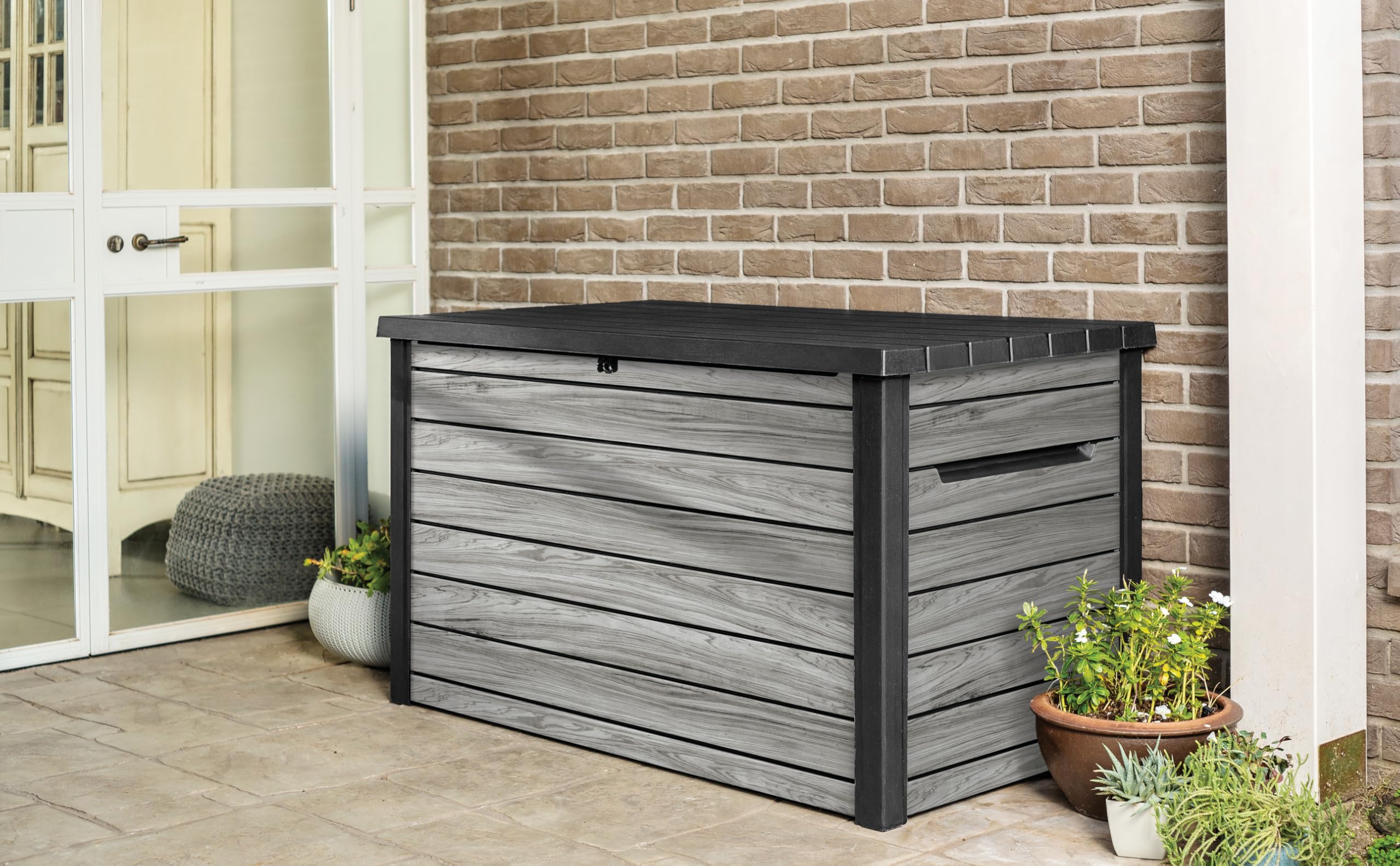 Keter Ontario Auflagenbox/Kissenbox 870 Liter | 100% Wasserdicht mit Belüftung dadurch kein übler Geruch/Schimmel Moderne Holzoptik | Deckel mit Gasdruckfedern