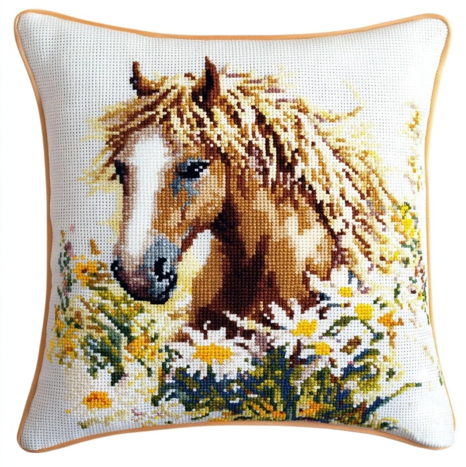 WallustrioaW DIY Printed Cross Stitch Pillow Kits,Daisies and Horses Embroidery Kit for Adults 11CT Cross Stitch Printed Canvas Needlework Decoration 18x18in