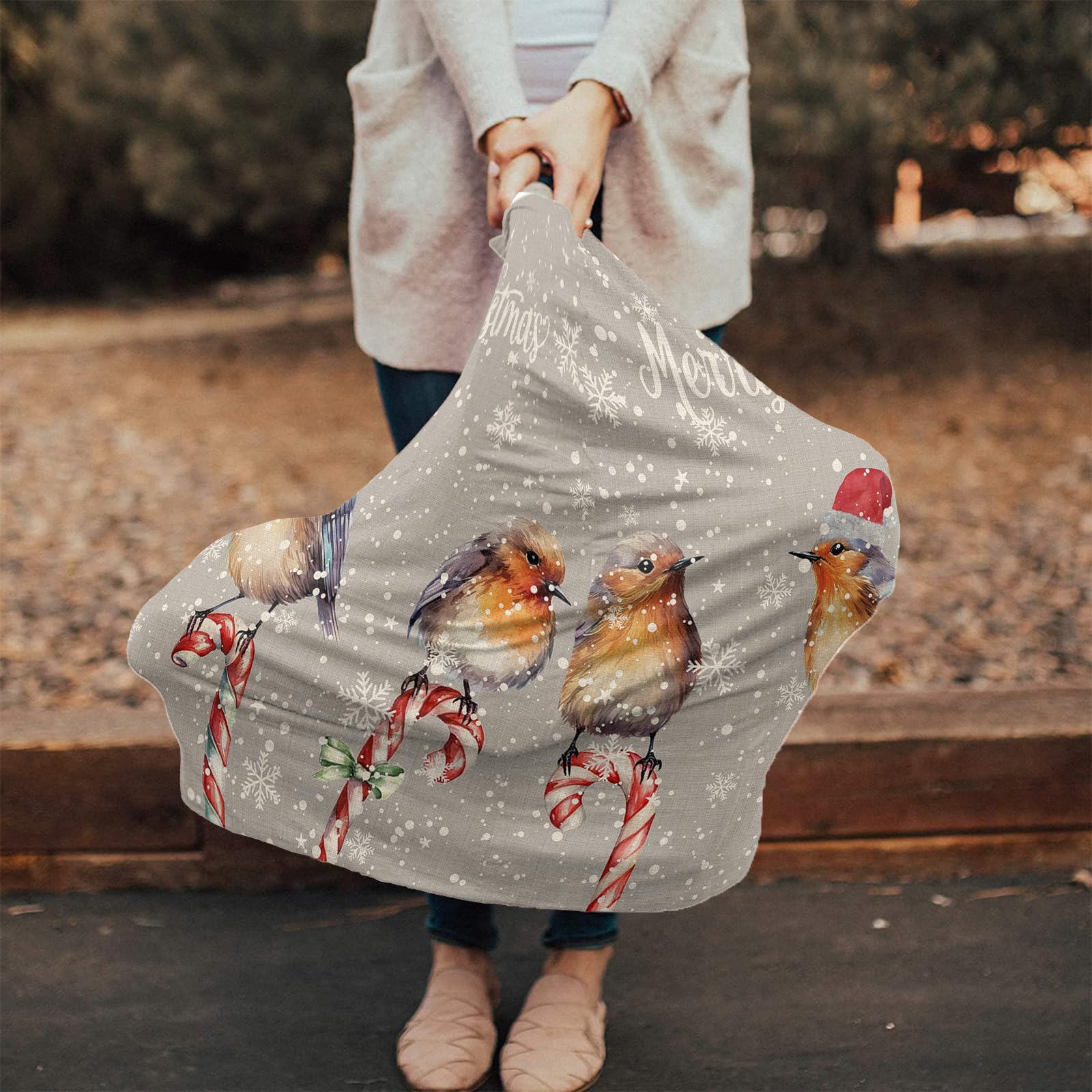 Nursing Cover for Breastfeeding Scarf, Vintage Birds Candy Merry Christmas Baby Car Covers Super Soft Multi Use for Canopy Shopping Cart Cover Blanket Stroller Cover
