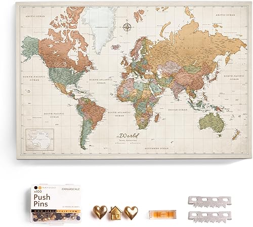 Miniatura 16 de Mapamundi de Lienzo con Tablero de Corcho y Alfileres - Letras en Inglés - Decoración de Pared Decorativa para Todas las Habitaciones - Cuadros de