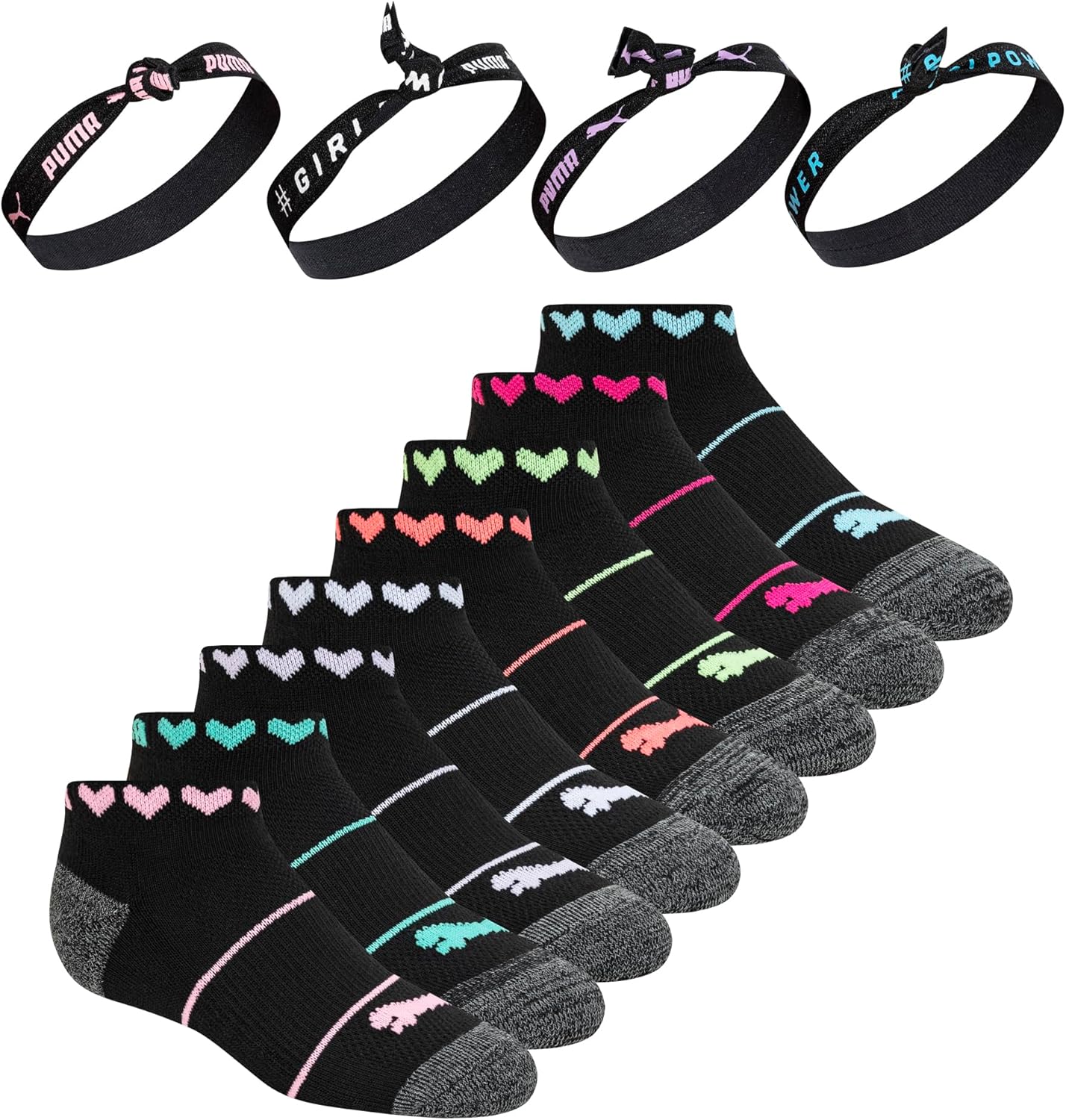PUMA girls 8 Pack Low Cut Socks + Hair Ties