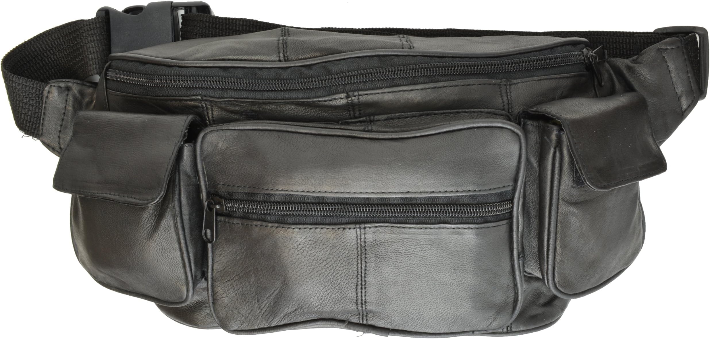 Large Black Genuine Lambskin Leather Fanny Pack Waist Bag with Cell Phone Pouch