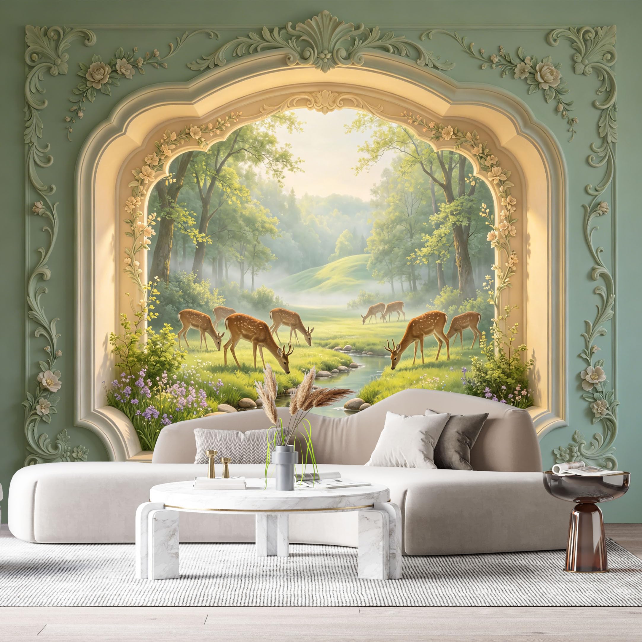 Custom Size Wall Murals Forest Deer River Landscape 3D Trompe L'Oeil SelfAdhesiveWall Fabric Removable Wallpaper Wall Decor for Living Room Bedroom Bathroom