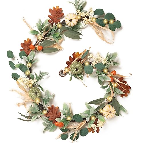 Valery Madelyn Fall Garland for Mantel, 6ft Hanging Pumpkin Garlands with Lights and Eucalyptus Leaves for Table Centerpiece Autumn Thanksgiving Decorations Outdoor Door Window Fireplace Home Decor