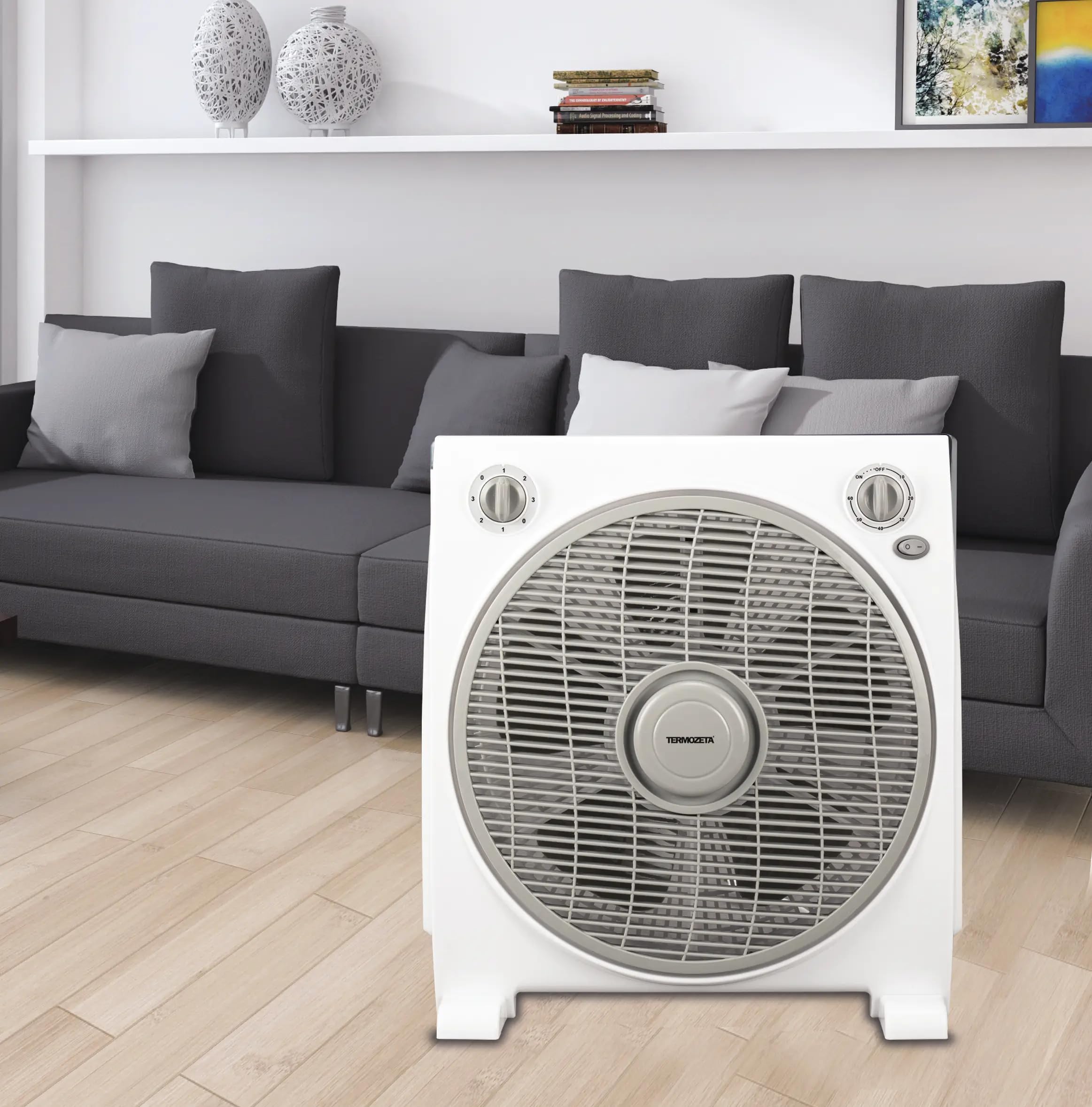 Generico Termo Zeta Ventilatore Box Fan TZWZ07 da Pavimento 30 cm, 45W, 3 Velocità, Timer 60 Minuti, Ventilatore Compatto con Comando Manuale, Bianco