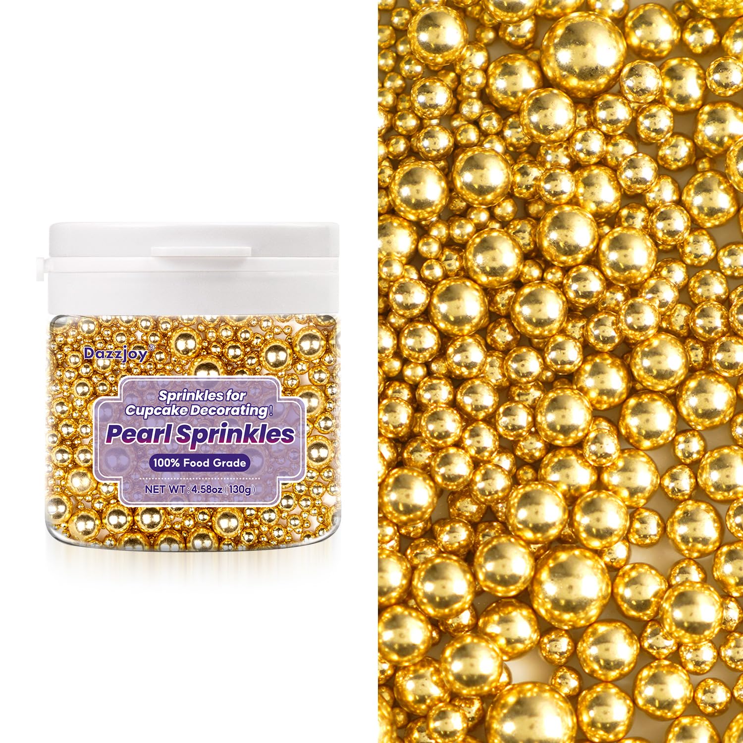 Dazzjoy Gold Pearl Sugar Sprinkles, Edible Candy Sprinkles, Cake Toppers and Cake Decorations, Mix Size, Cookie Decorating, Ice Cream, Wedding Party Valentines Supplies, 130g/4.58oz