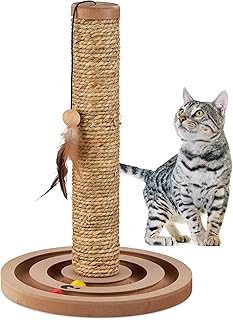 Relaxdays Scratching Post for Cats, H x D: 45 x 30 cm, Scratching Post with Toy, Seagrass Rope, Interactive Scratching Post, Brown product image