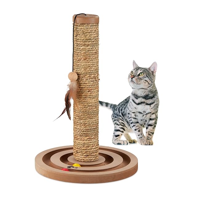 Relaxdays Poste Rascador Gatos 45 x 30 cm Aprox., Tronco Arañar con Juguetes, Cuerda Zostera