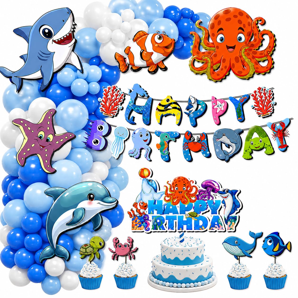 Partyjoy Sea Animals Theme Birthday Decoration Kit, Ocean Party Decoration Set for Kids, Happy Birthday Banner, Dolphin Shark Octopus Theme (With Blue white balloons)-picture-27