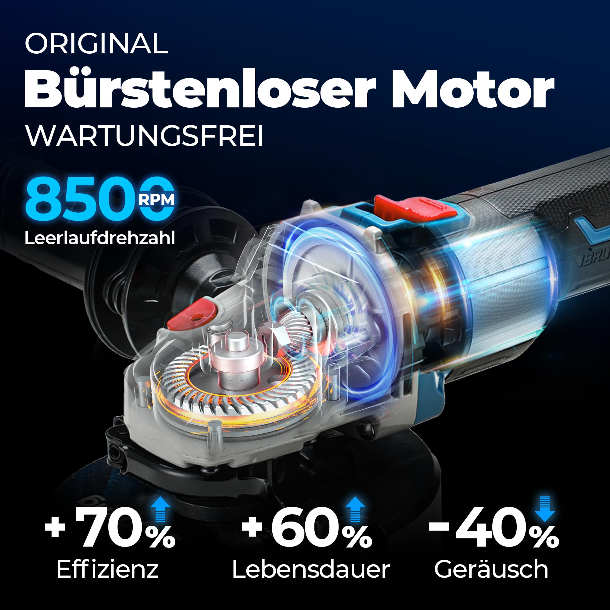 DongCheng 18V Akku Winkelschleifer Ø125mm, Schnellverschlussabdeckung | 8500 U/minBürstenloser Motor, Anti-Vibrations-Griff, 2 Schleif-, 2 Fächer-, 2 Trennscheiben, 4.0Ah Akku & Ladegerät