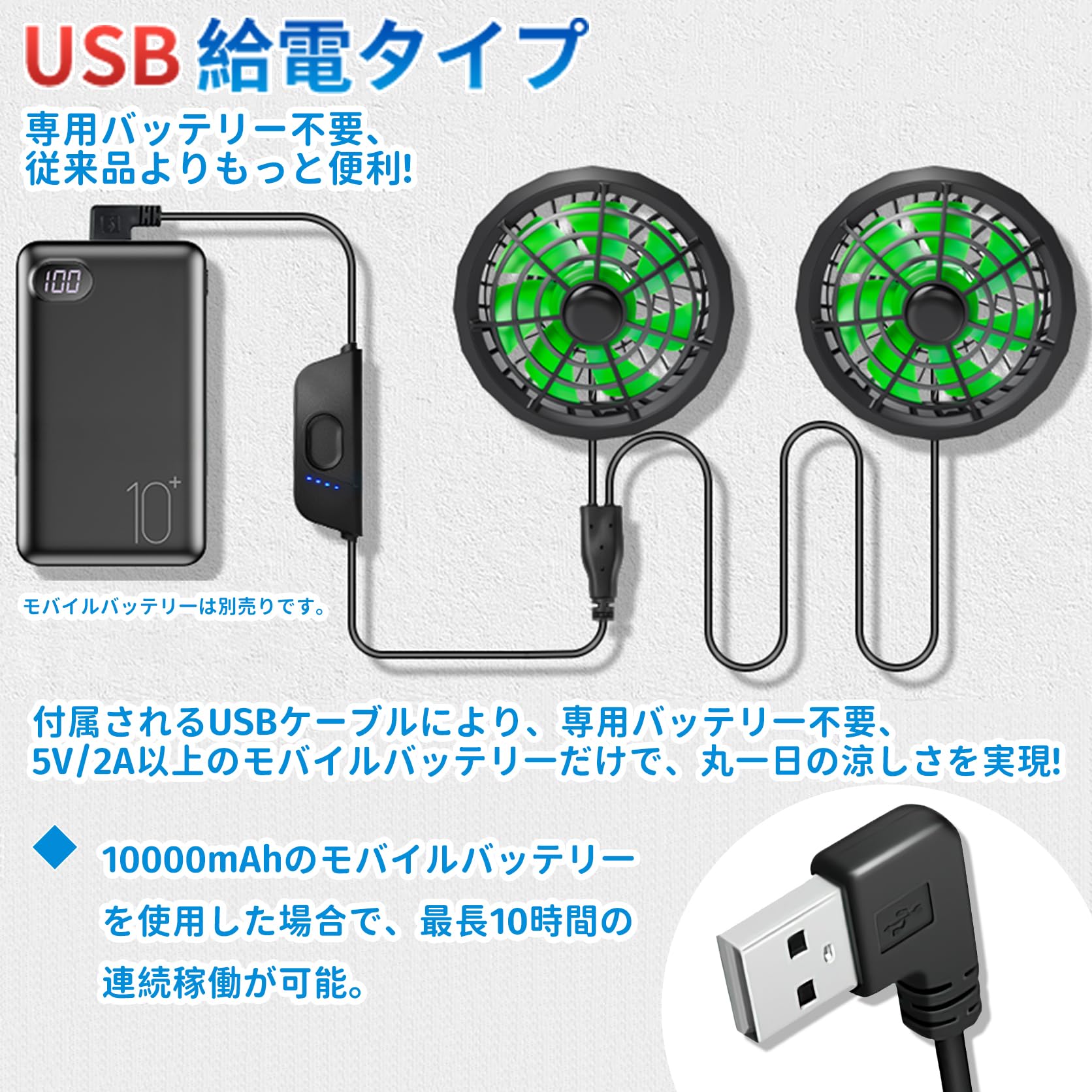 Amazon.co.jp: 空調作業服 ファン 5V-7.4V 大風量 薄型 USBケーブル付 