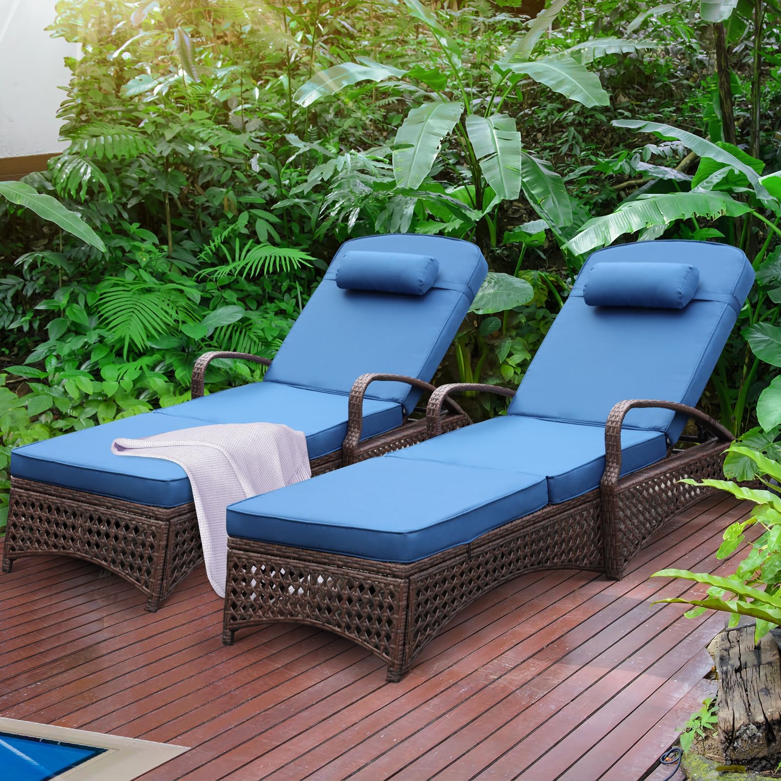 NOBLEMOOD Chaise Lounge Outdoor Wicker Lounge Chair with Wheels, Adjustable 6 Position Pool Reclining Chair with Thickened Cushion & Pillow (Blue, 2)