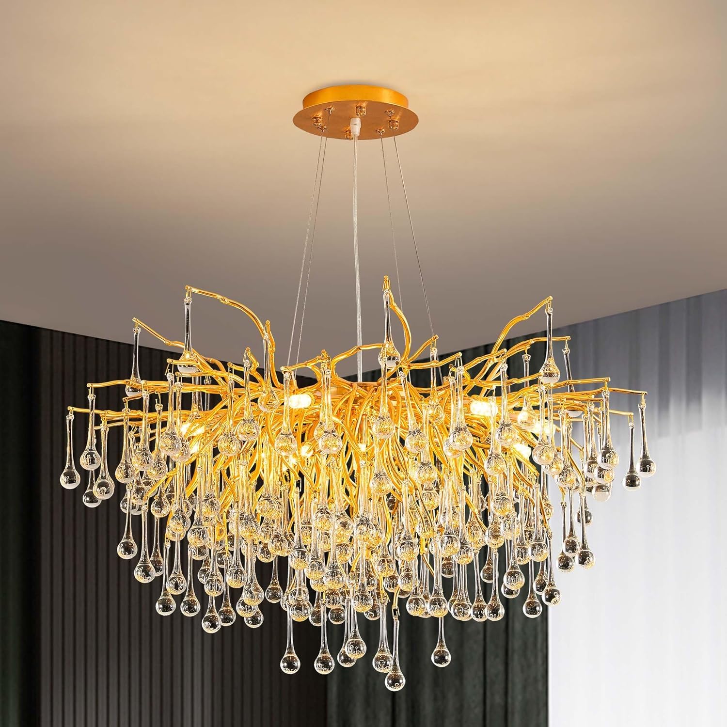 KXEcoLife Modern Crystal Branch Chandelier – Luxury Raindrop Pendant Light Fixture Chandeliers for Dining Room, Living Kitchen Island & Bedroom,Round D80cm