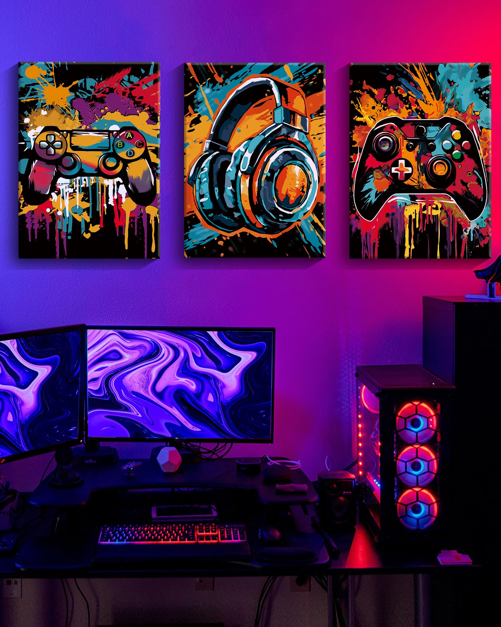 3 piezas de arte de pared para videojuegos, retro, videojuegos, acuarela, graffiti, imágenes de neón, videojuegos, decoración de habitación para adolescentes y niños, decoración de habitación, 20 x 30