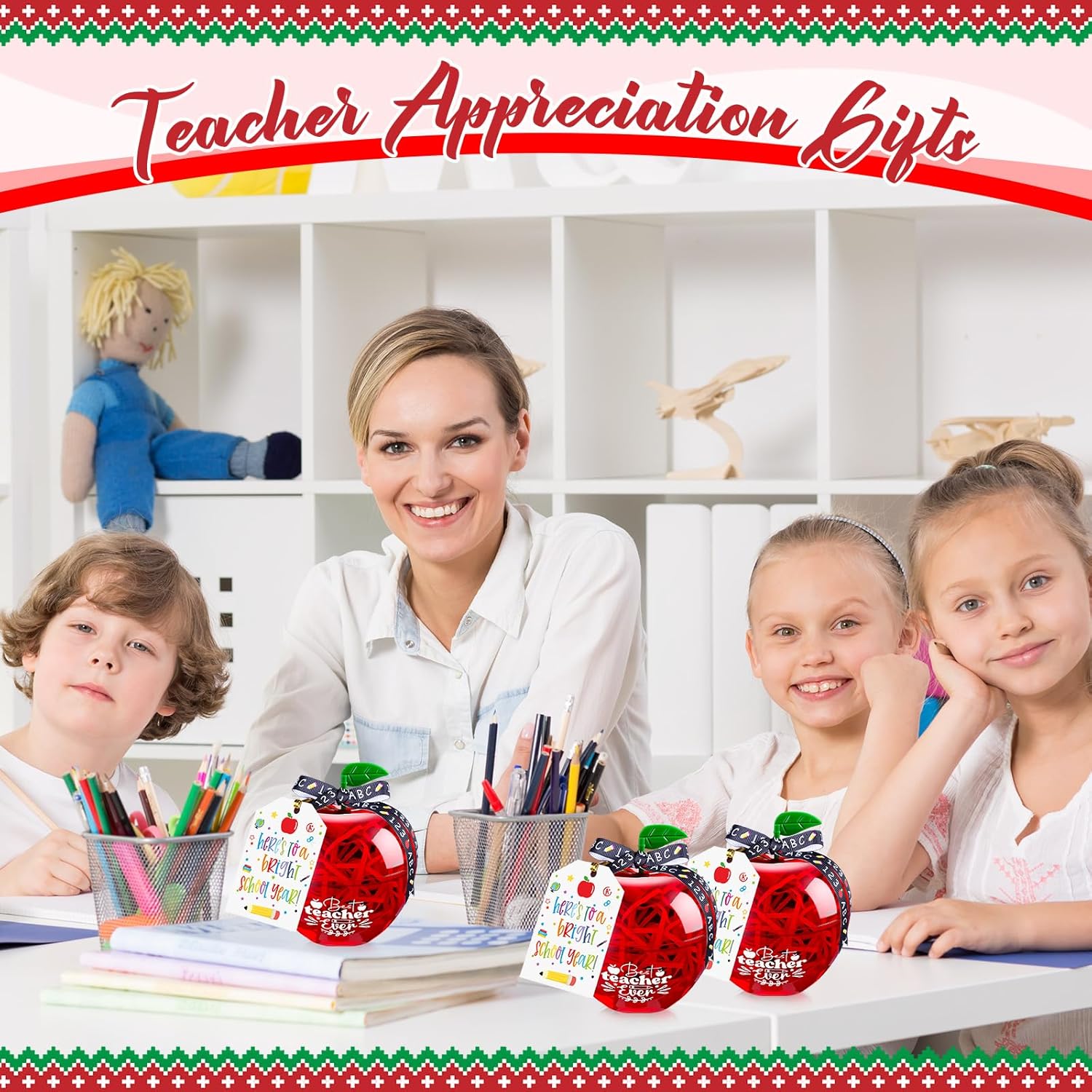 18 Sets Plastic Apple Container Teacher Appreciation Gifts, Large Apple Shaped Candy Jars Treat Boxes for Teachers Thank You Gifts, Christmas Party Favors (Red)