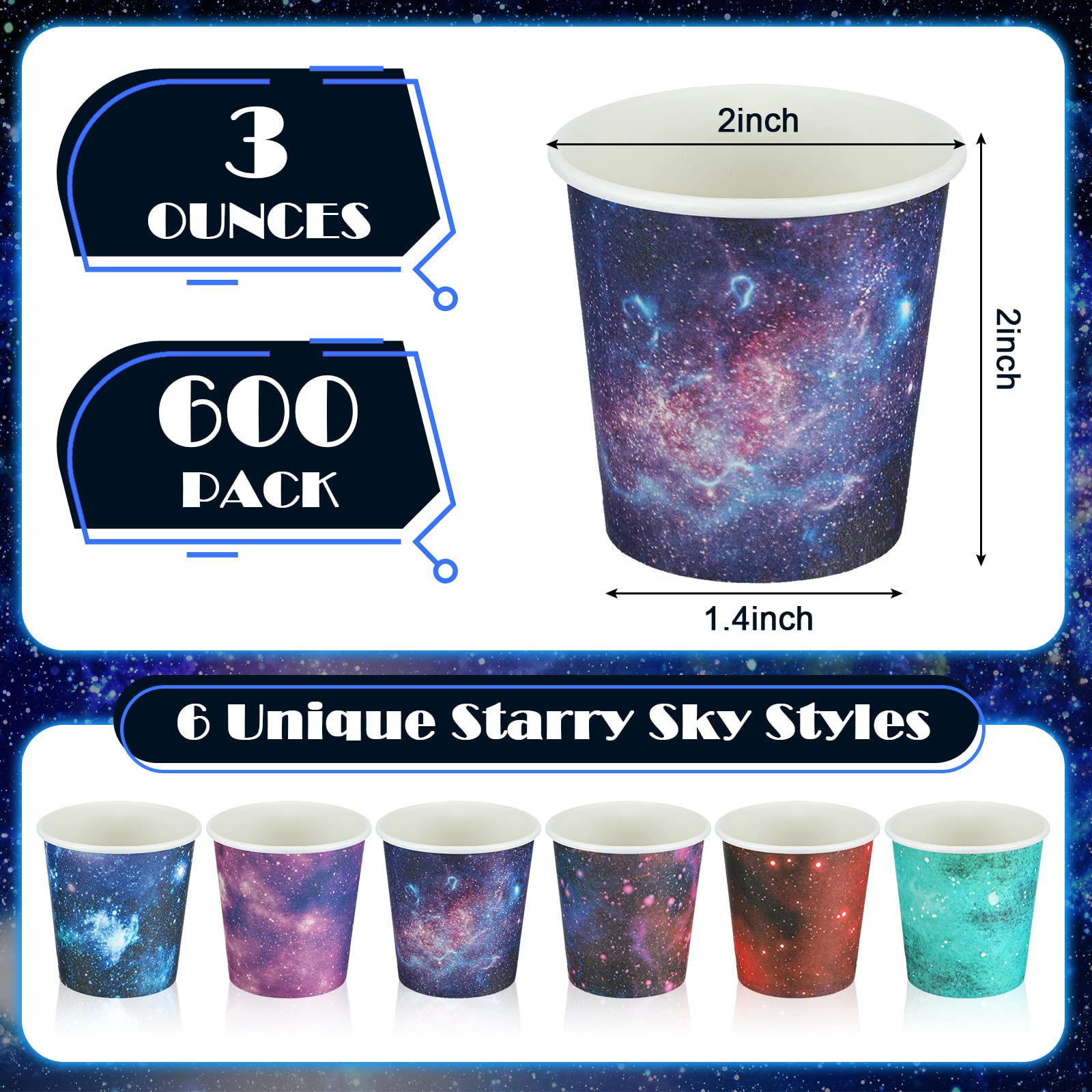 600 Pcs Disposable Paper Cups 3oz Starry Sky Bathroom Cups Small Disposable Cups Colorful Small Mouthwash Cups Bulk Mini Paper Cups for Party, Picnic, BBQ, Travel, Home and Event