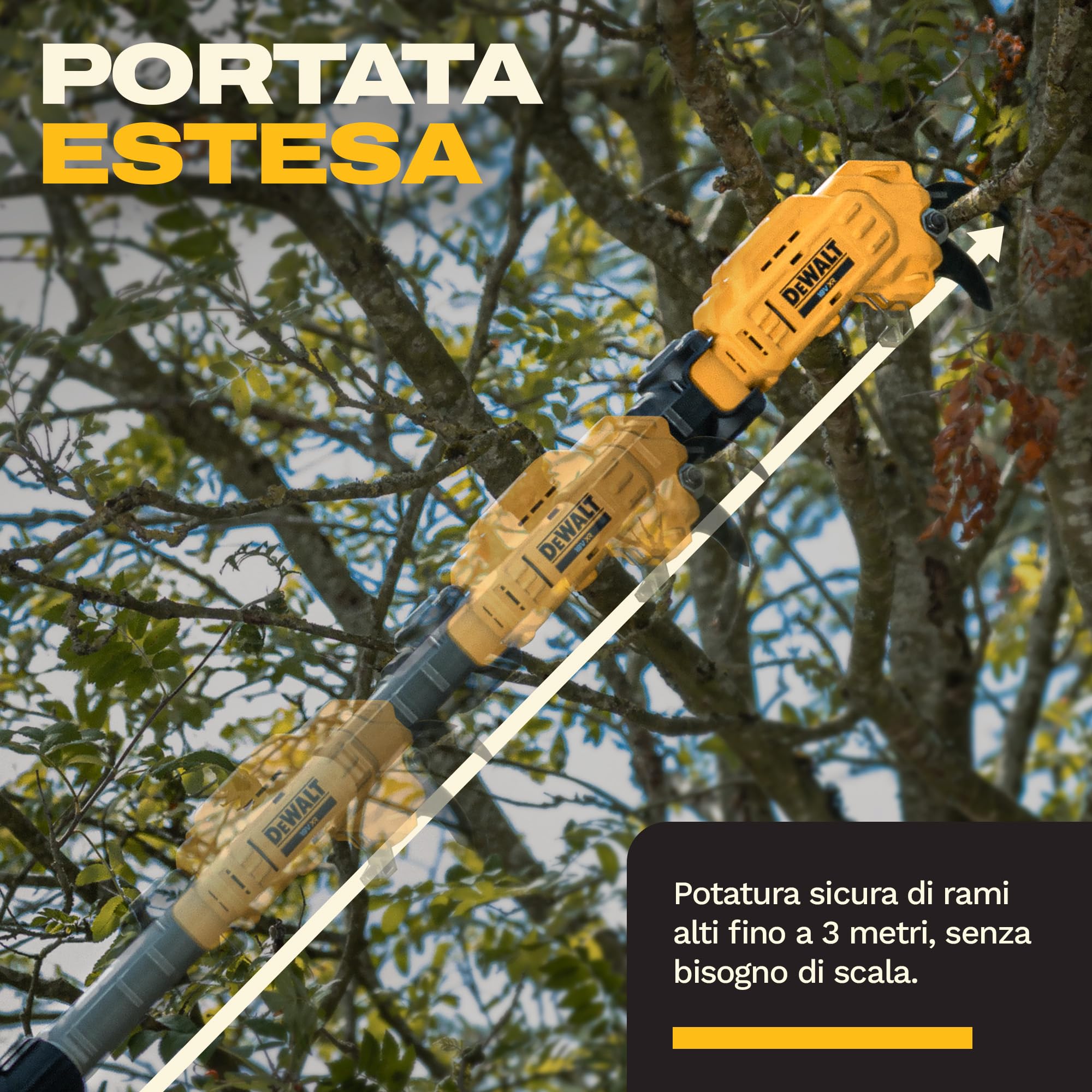 DEWALT 18V XR Potatore ad Asta Professionale; Potente e preciso per il taglio di rami alti, Solo Utensile, DCMPP569N-XJ