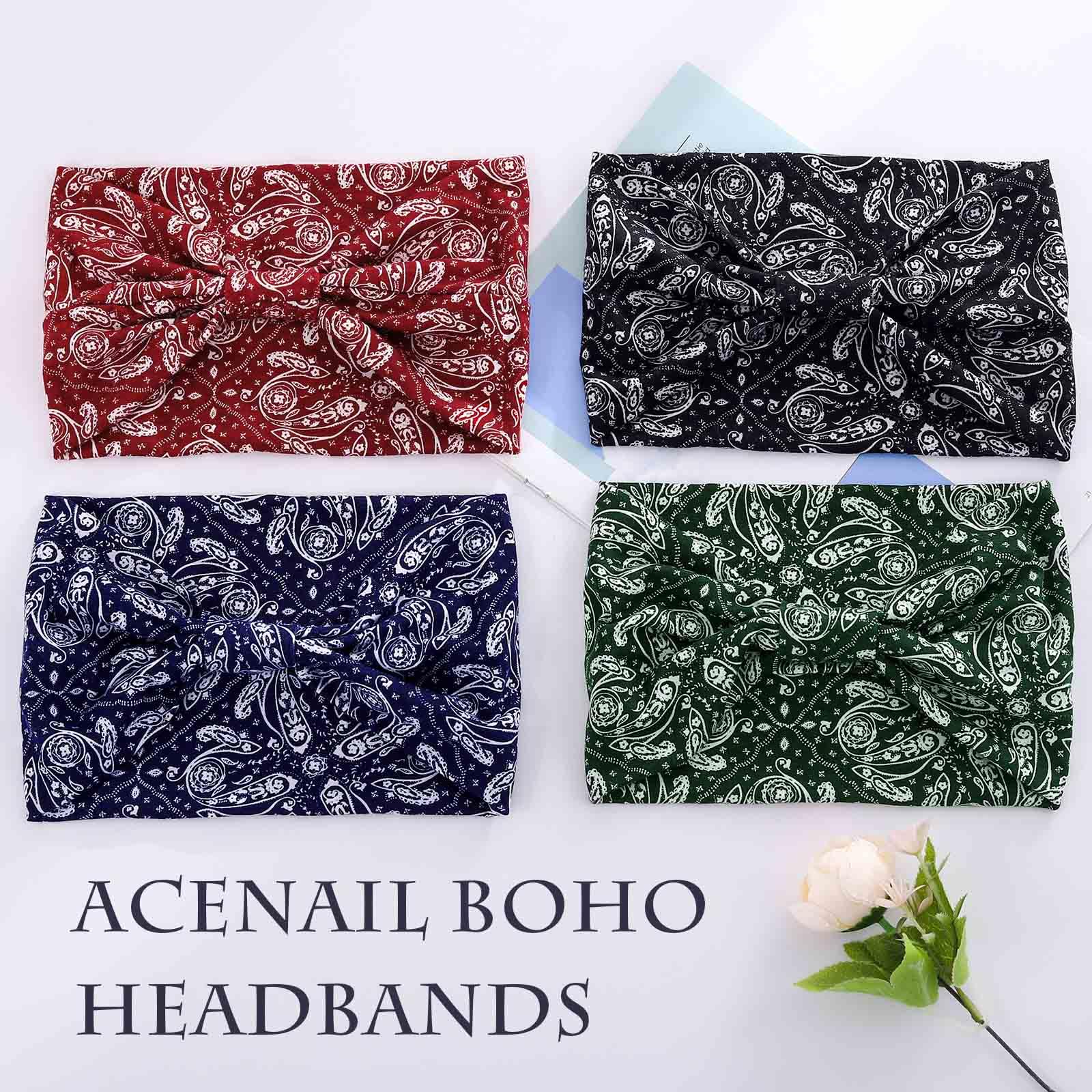 Acenail Diademas anchas para mujer, turbante bohemio, anudada, floral, elástica, antideslizante, para entrenamiento, yoga, bufandas, accesorios para el cabello de moda para mujeres y niñas, 4 piezas