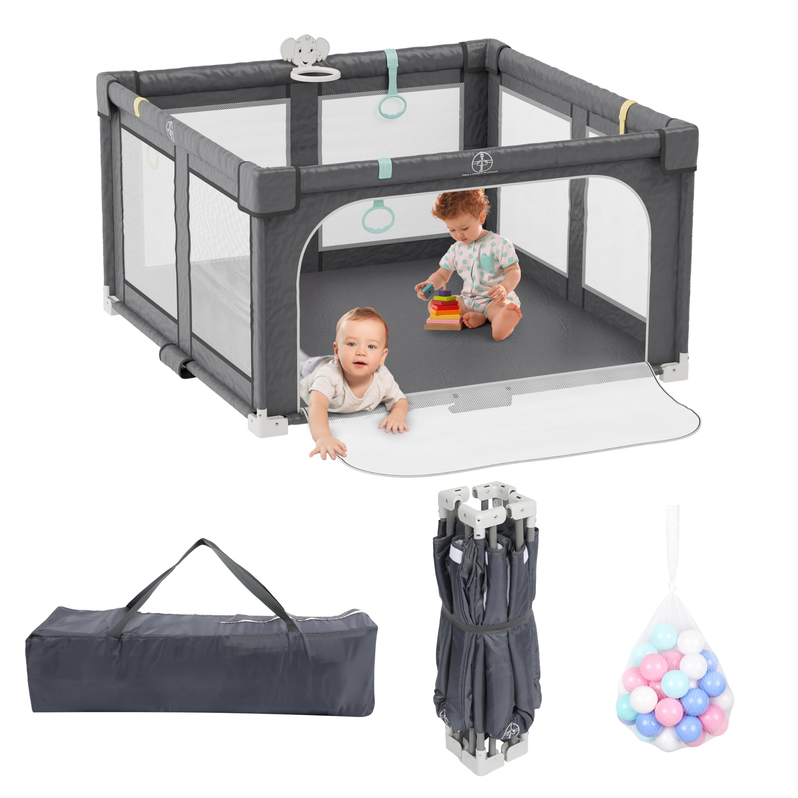 Xilingol 50" X 50" Foldable Playpen, Potable Baby Play Yard with Carry Bag, Baby Gate Playpen with Anti-Slip Suckers & Zipper Gate, Toddler Fence Play Area with 4 Handlers & 50 Ocean Balls (Grey)