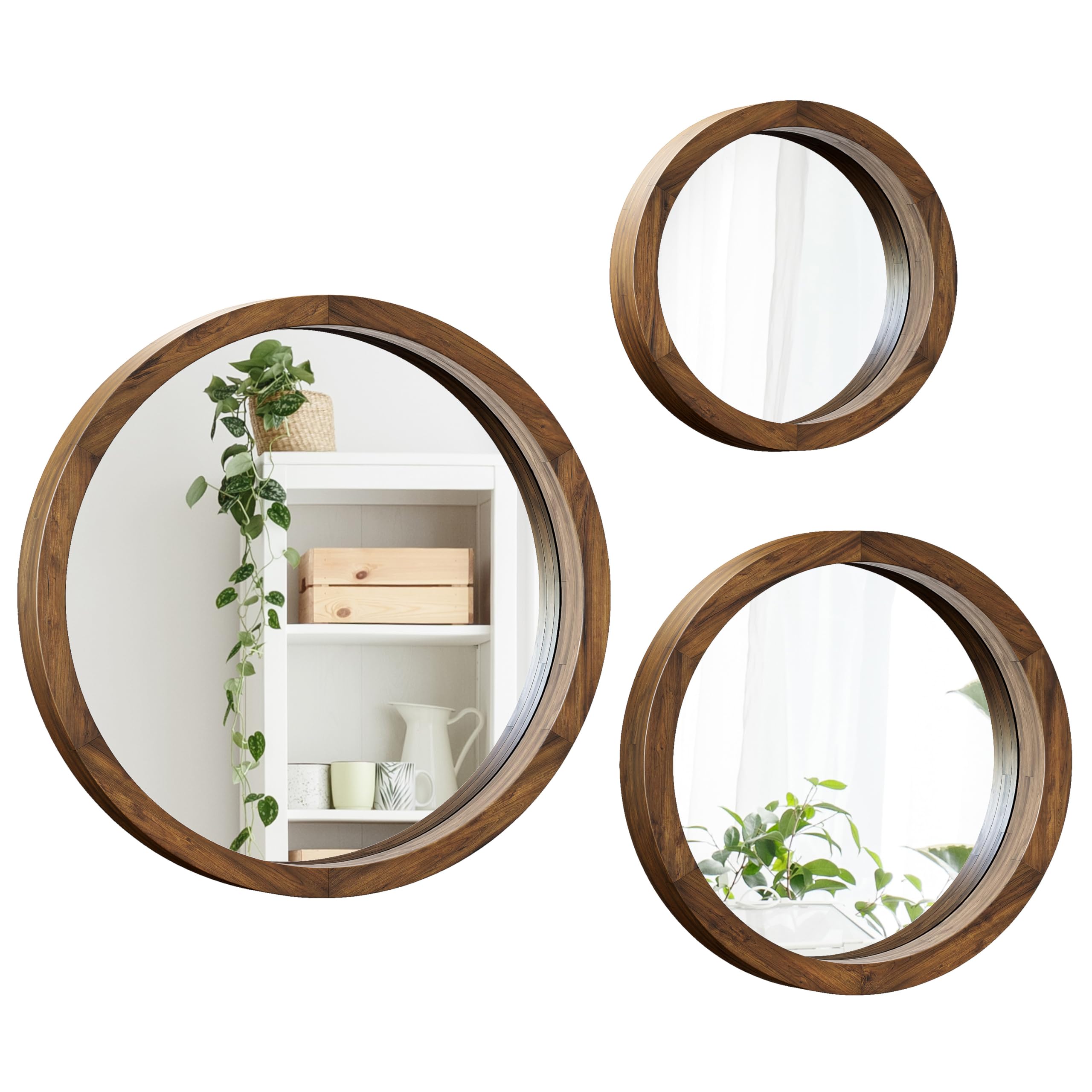 Set of 3 Round Wood Mirrors - Natural Wooden Frame, Large and Small Circle Mirrors for Wall, Home Decor or Entryway, Brown, (19.5"/15.5"/11.5")