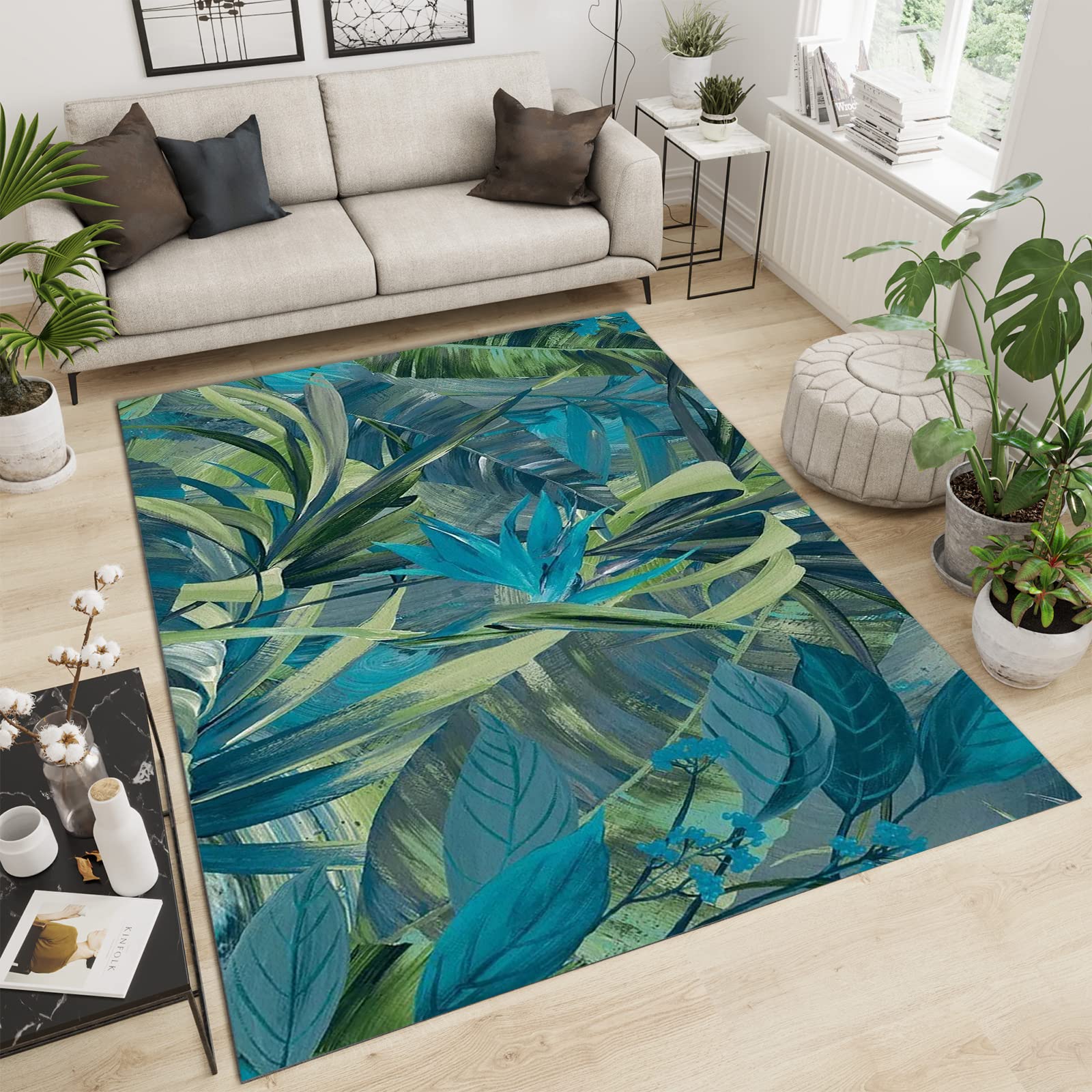 European Green Leaves Area Rugs, Hand Drawn Tropical Rainforest Banana Leaf Plant 3D Carpet, Area Carpet Shaggy Non-Skid Apply to Playroom Cafe Office Door Mats Porch,3×5ft/90 * 150cm