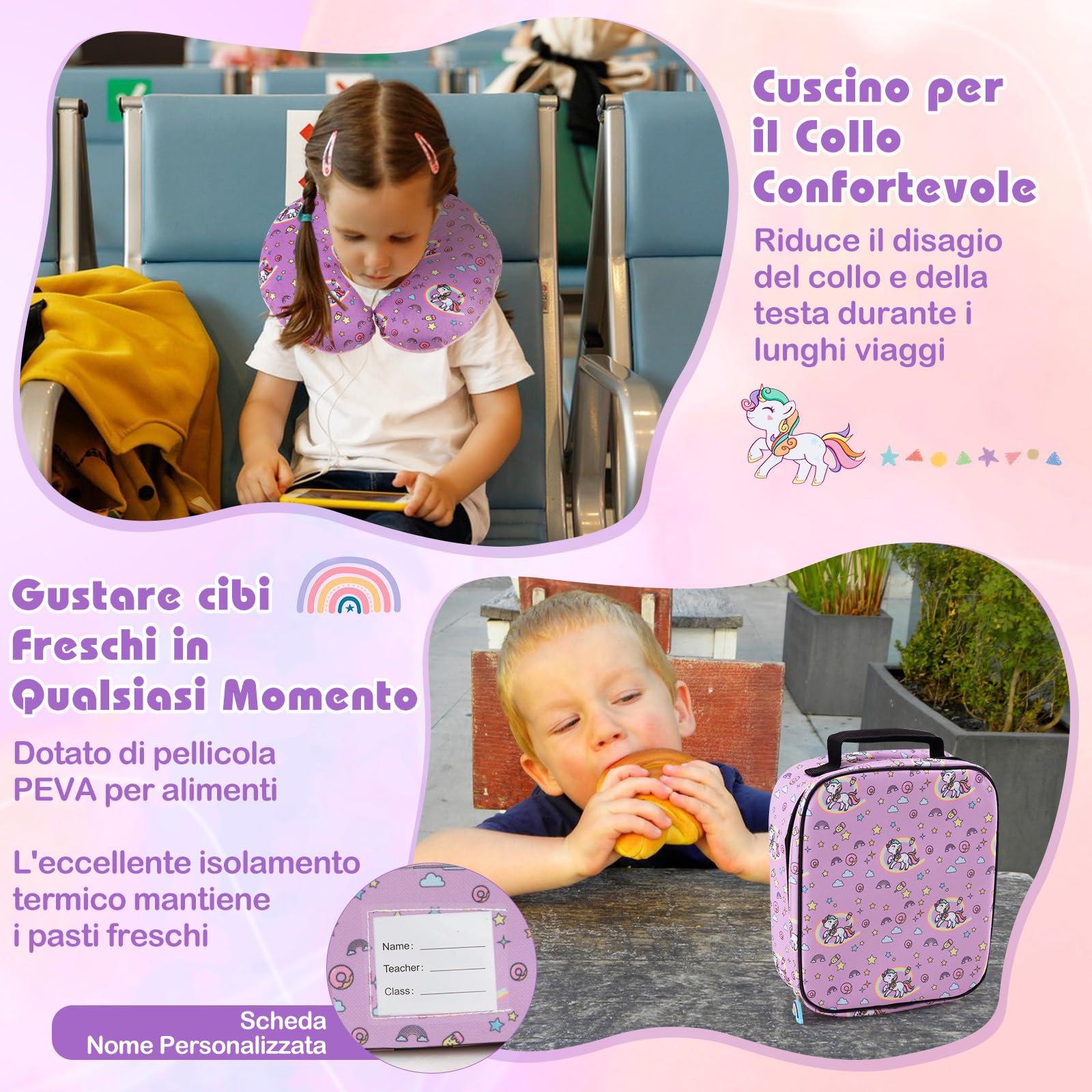 COSTWAY 5 Pezzi Valigia per Bambini, Valigia con ManicoTelescopico da 16" con 13" Zainetto, Cuscino per Il Collo, Etichetta per Bagaglio, Borsa per Il Pranzo, con Ruote Girevoli a 360 ° (Modello 1)